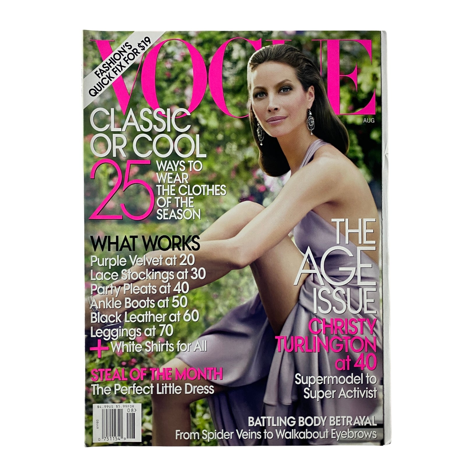 Vogue Magazine August 2009 featuring Christy Turlington on the cover, celebrating 'The Age Issue'. Highlights include fashion tips and features on generational style.
