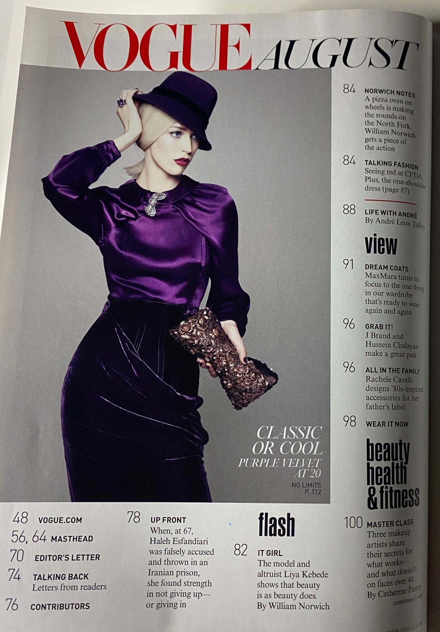 Inside page of Vogue Magazine August 2009 featuring a model in a purple velvet outfit, highlighting the section titled 'Classic or Cool' for fall fashion.