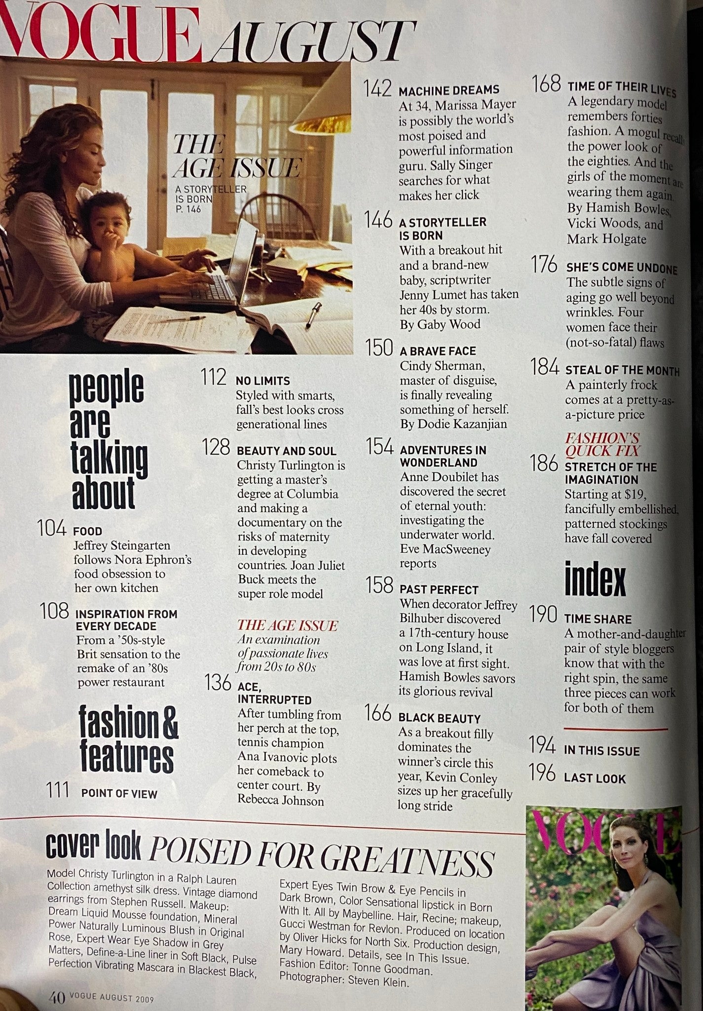Vogue Magazine August 2009 page layout displaying various features including fashion and lifestyle segments, with a spotlight on Christy Turlington and the 'Age Issue' theme.