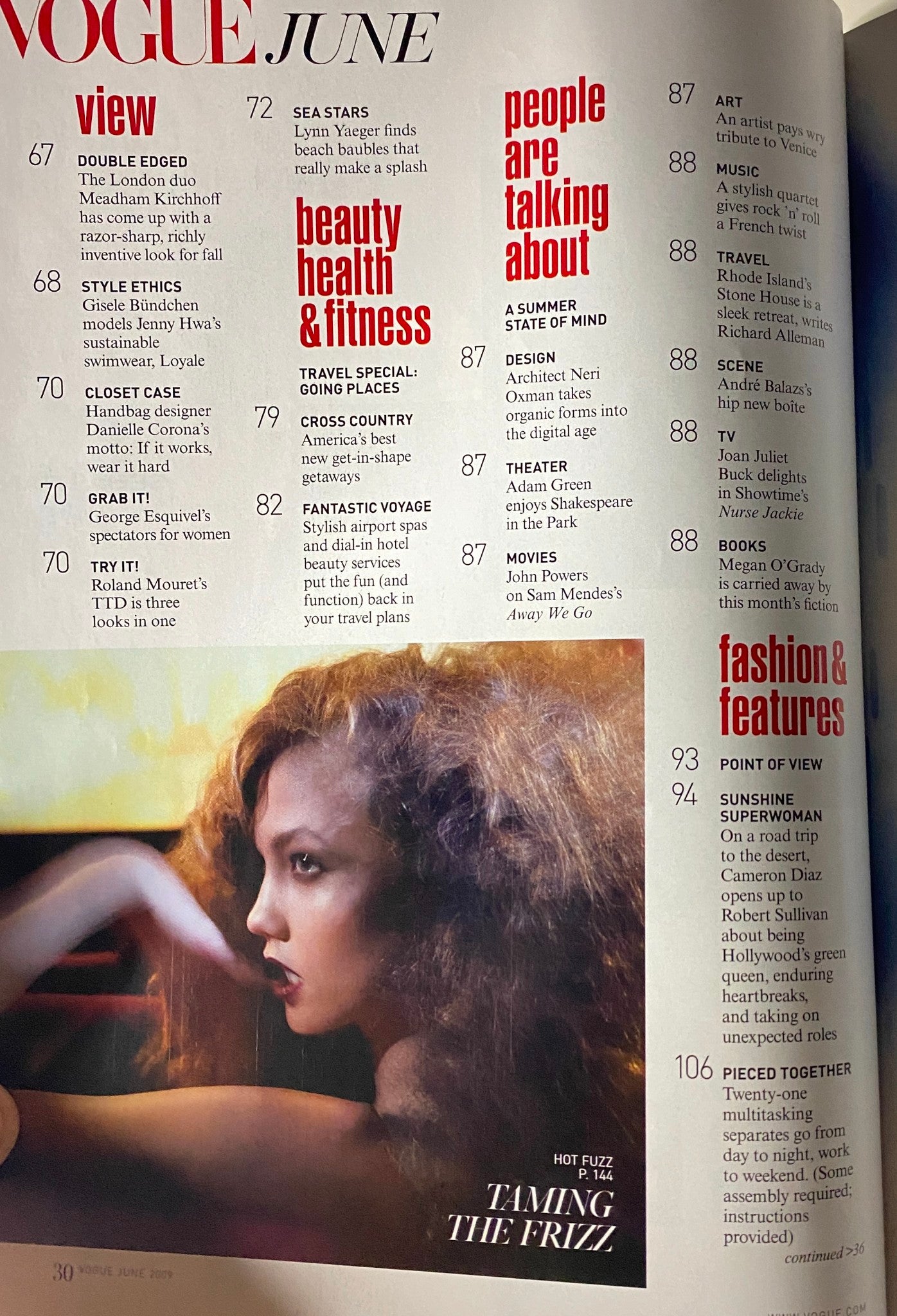 Table of contents from Vogue Magazine June 2009, listing articles including health & fitness, fashion features, and Cameron Diaz's eco-friendly lifestyle.
