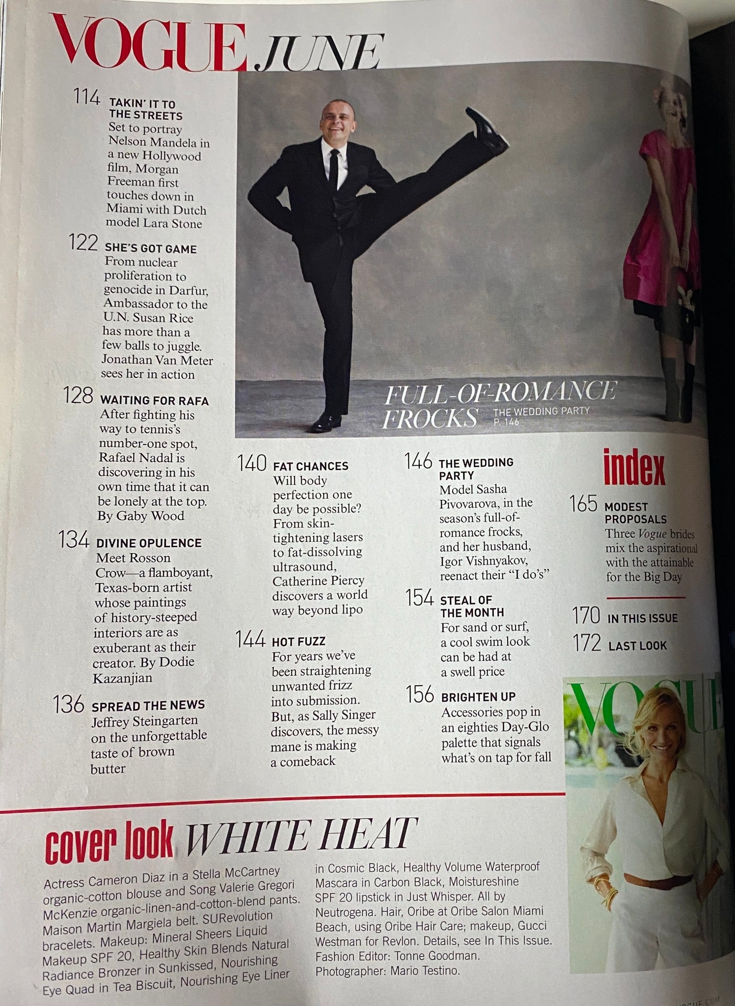 Index page from Vogue Magazine June 2009, featuring various articles on fashion, weddings, and upcoming trends, highlighting the issue's comprehensive content.