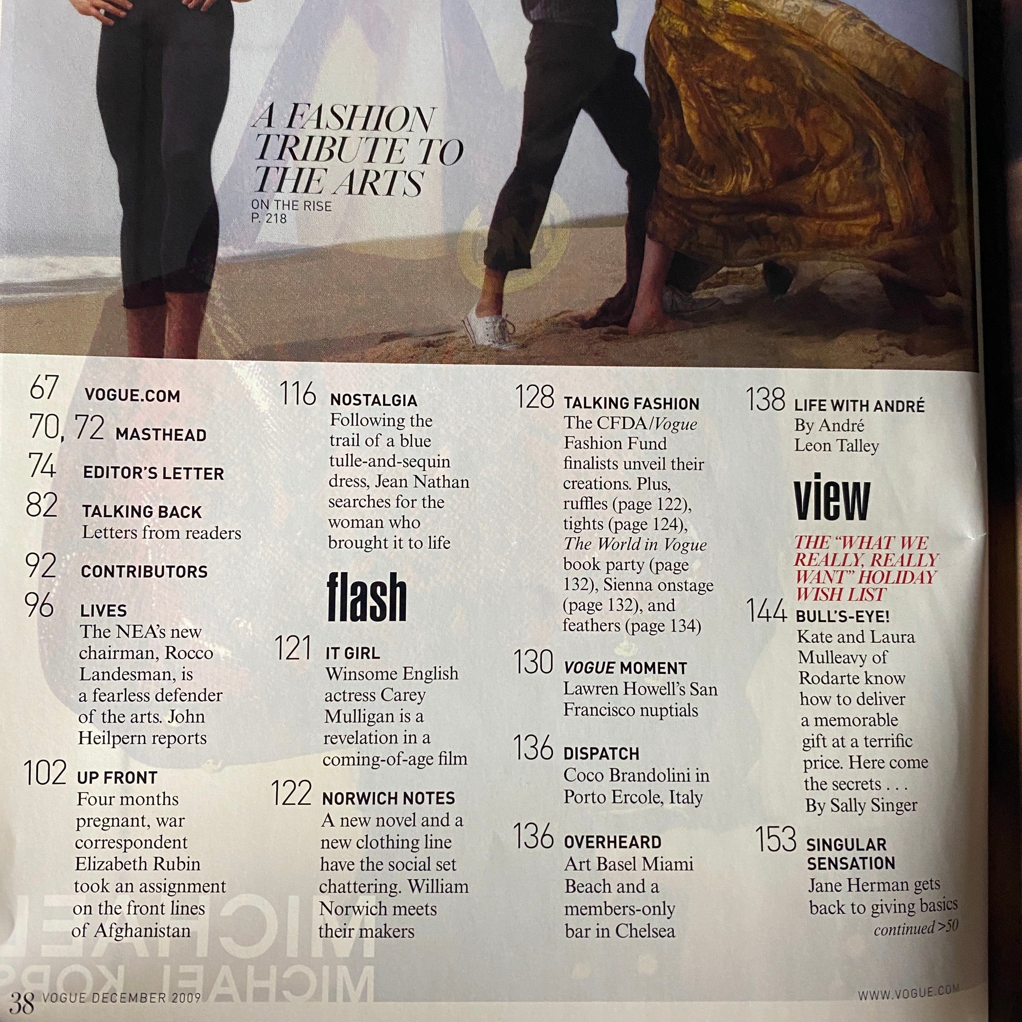 Interior page from Vogue Magazine December 2009, illustrating a section titled 'A Fashion Tribute to the Arts' with featured articles and stylish visuals.
