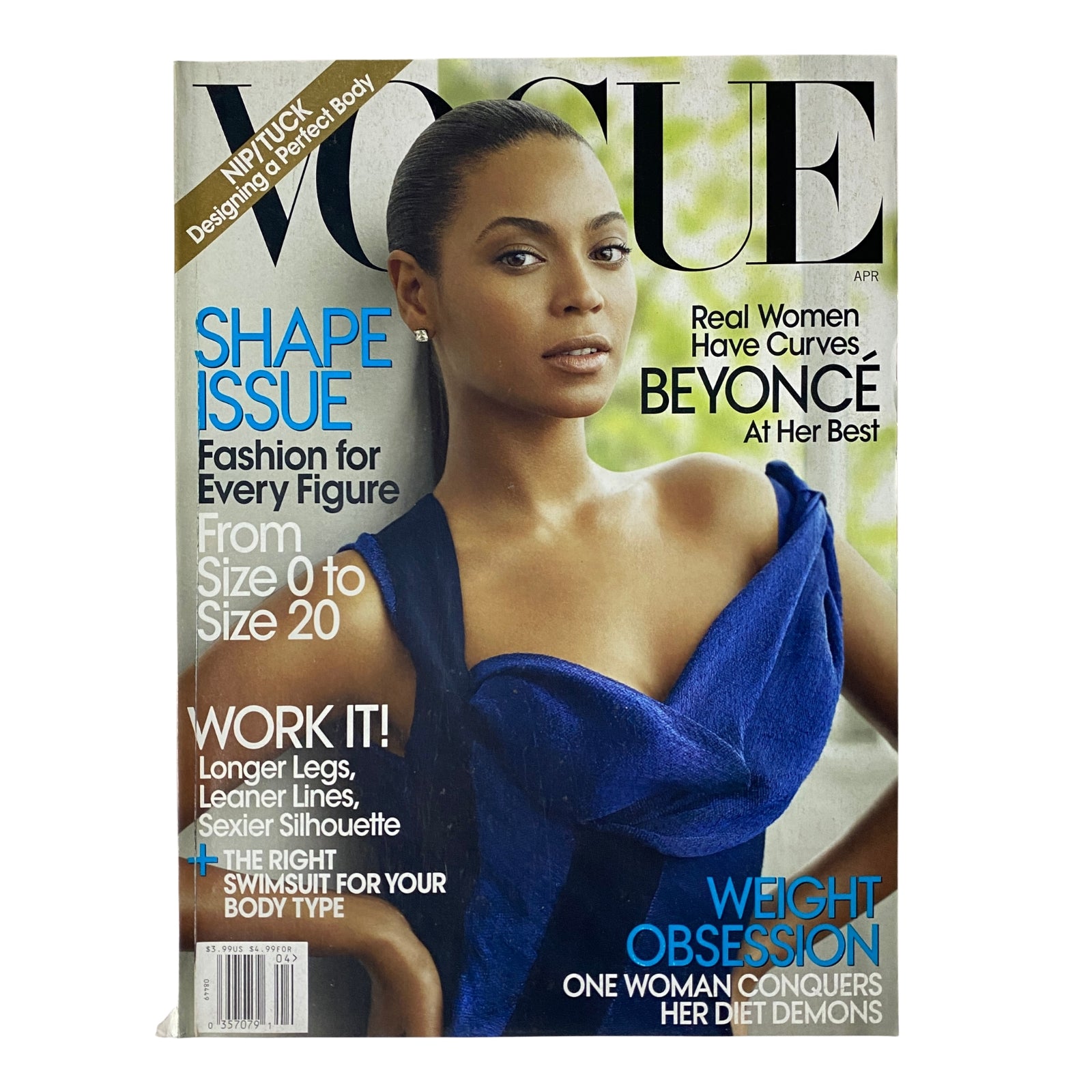 Vogue Magazine cover from April 2009 featuring Beyoncé. The cover highlights the theme 'Real Women Have Curves' with an elegant photo of Beyoncé in a blue dress, emphasizing body positivity and fashion for every figure.