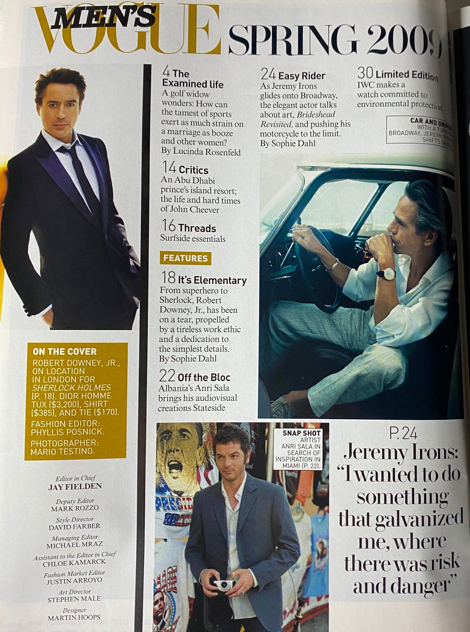 Men's Vogue Spring 2009 feature within Vogue Magazine, showcasing Robert Downey Jr. on the cover. The pages include articles titled 'The Examined Life' and 'Easy Rider' highlighting contemporary topics in men's fashion and lifestyle.