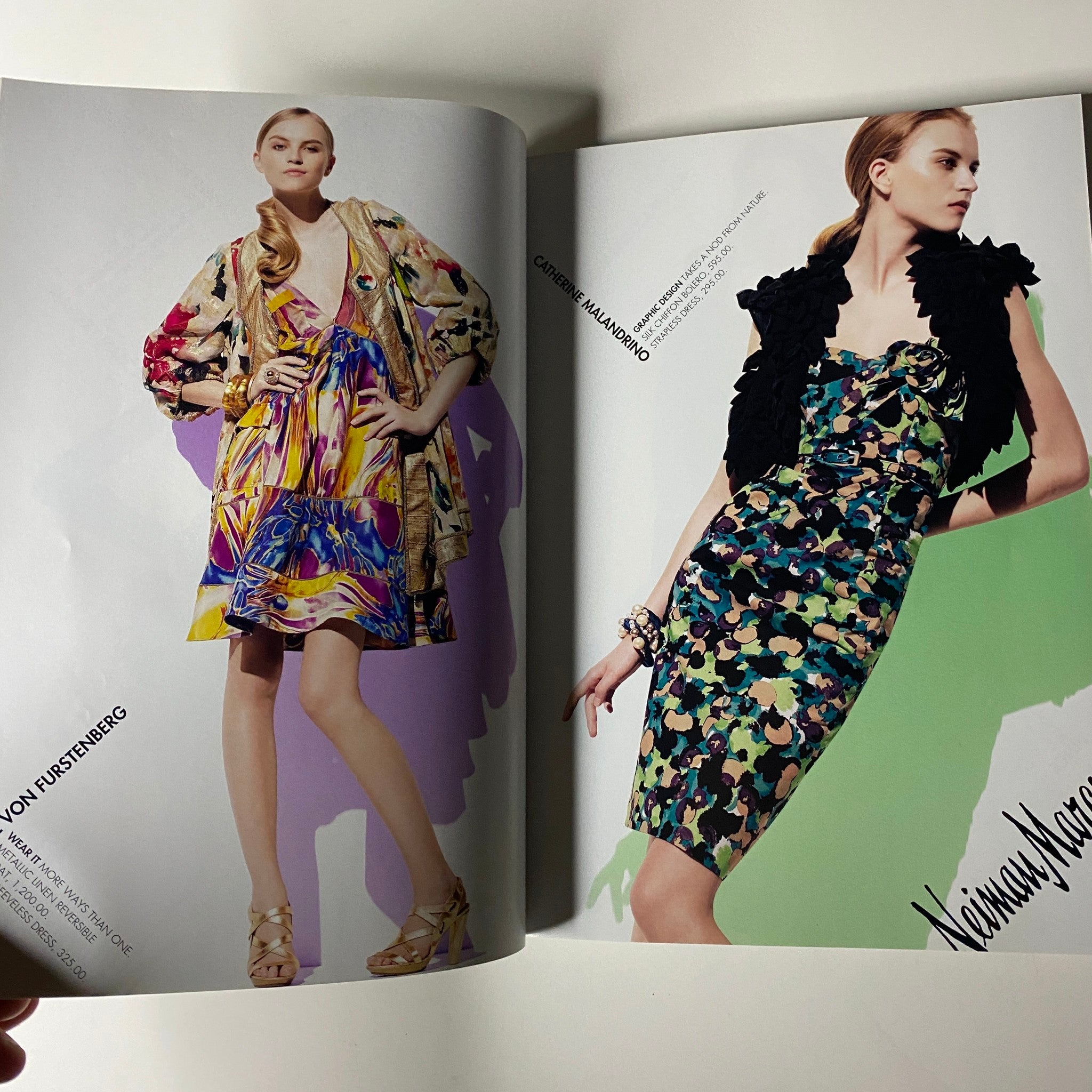 Fashion editorial spread in Vogue Magazine April 2009 featuring vibrant styles from Diane von Furstenberg and Karen Walker. The page presents colorful outfits ideal for spring fashion.