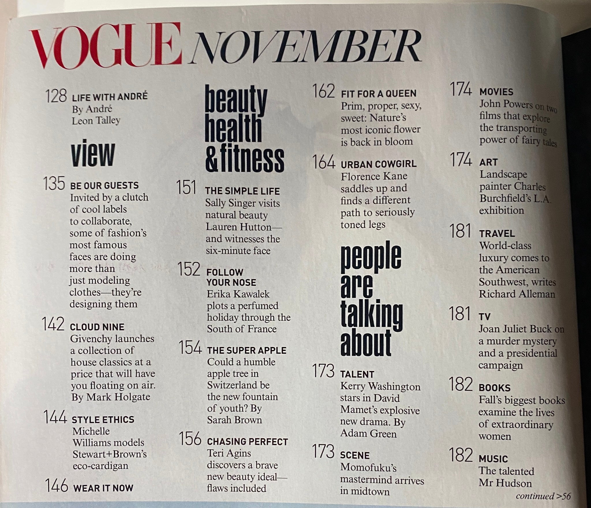 Table of contents from Vogue Magazine November 2009 detailing sections on beauty and health, including 'The Simple Life' and 'Urban Cowgirl'.