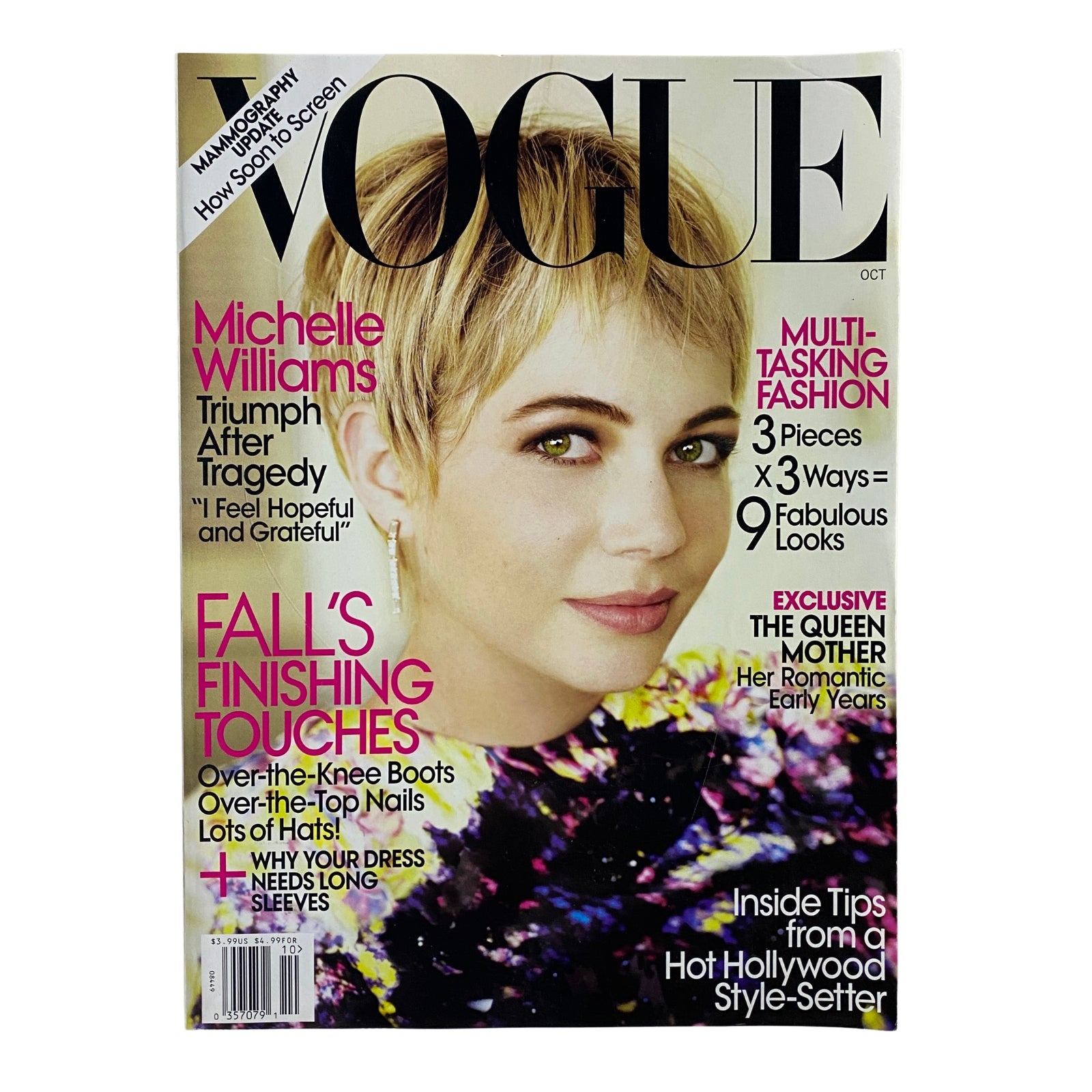 Vogue Magazine October 2009 cover featuring Michelle Williams, highlighting themes of triumph after tragedy and fall fashion essentials.