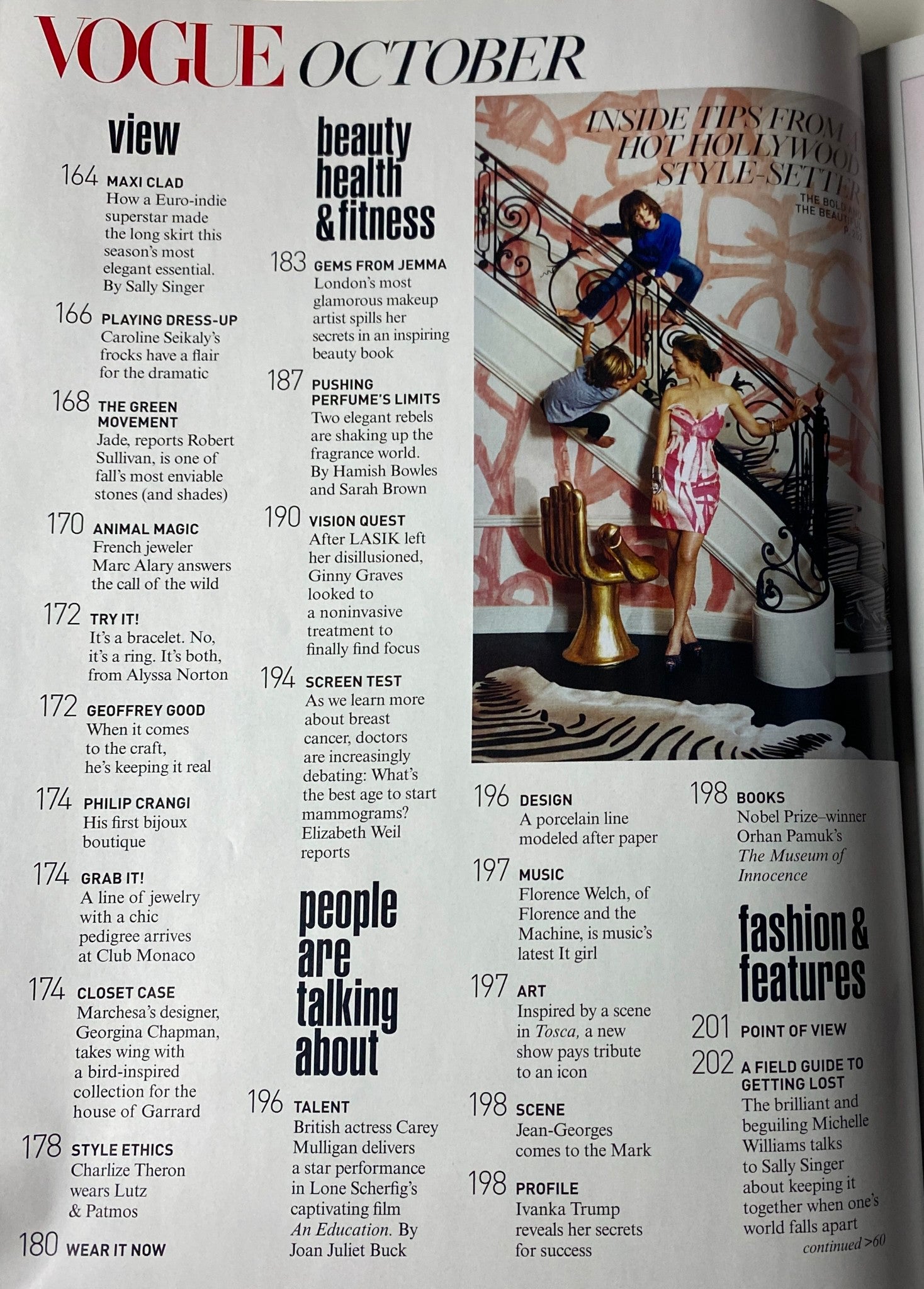 Vogue Magazine October 2009 interior page, highlighting features on beauty and health, including makeup tips and fitness insights amidst a stylish layout.
