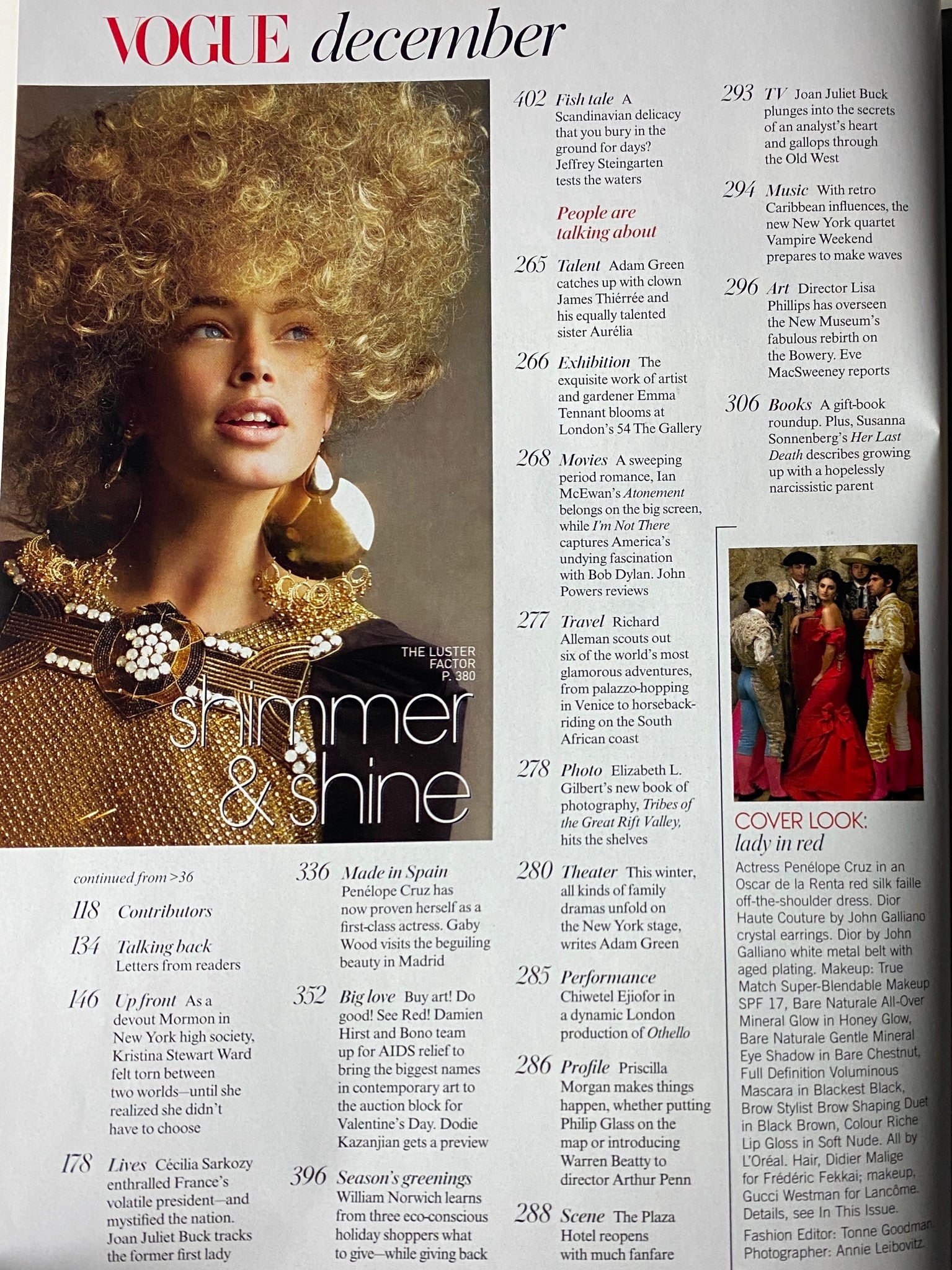 Vogue Magazine December 2007 Penelope Cruz Cover No Label VG - A stunning fashion editorial featuring a model with voluminous hair and elaborate jewelry, highlighting high fashion trends.