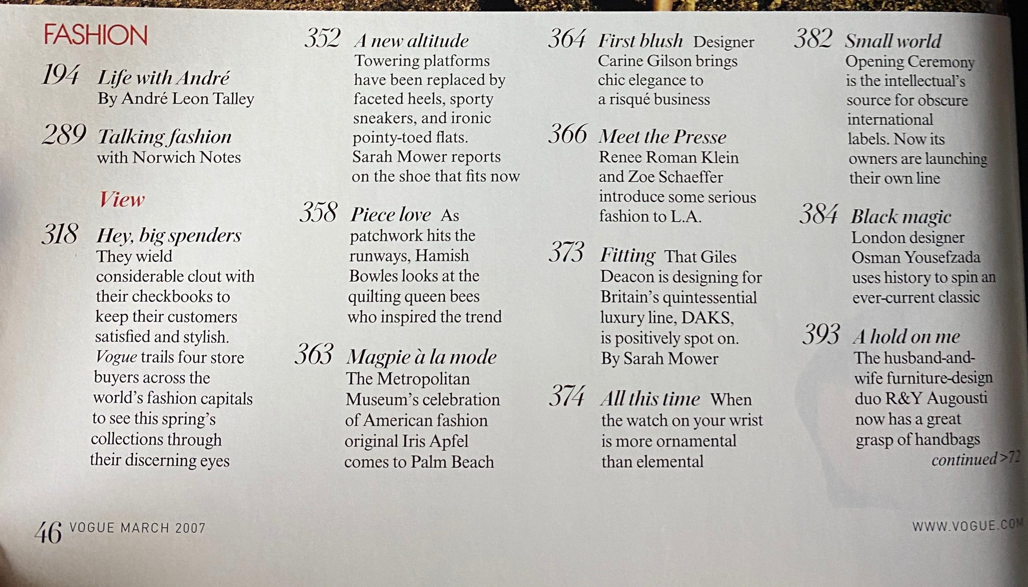 Vogue Magazine March 2007 interior page showcasing fashion content, including articles by André Leon Talley and Hamish Bowles, reflecting on contemporary fashion trends.