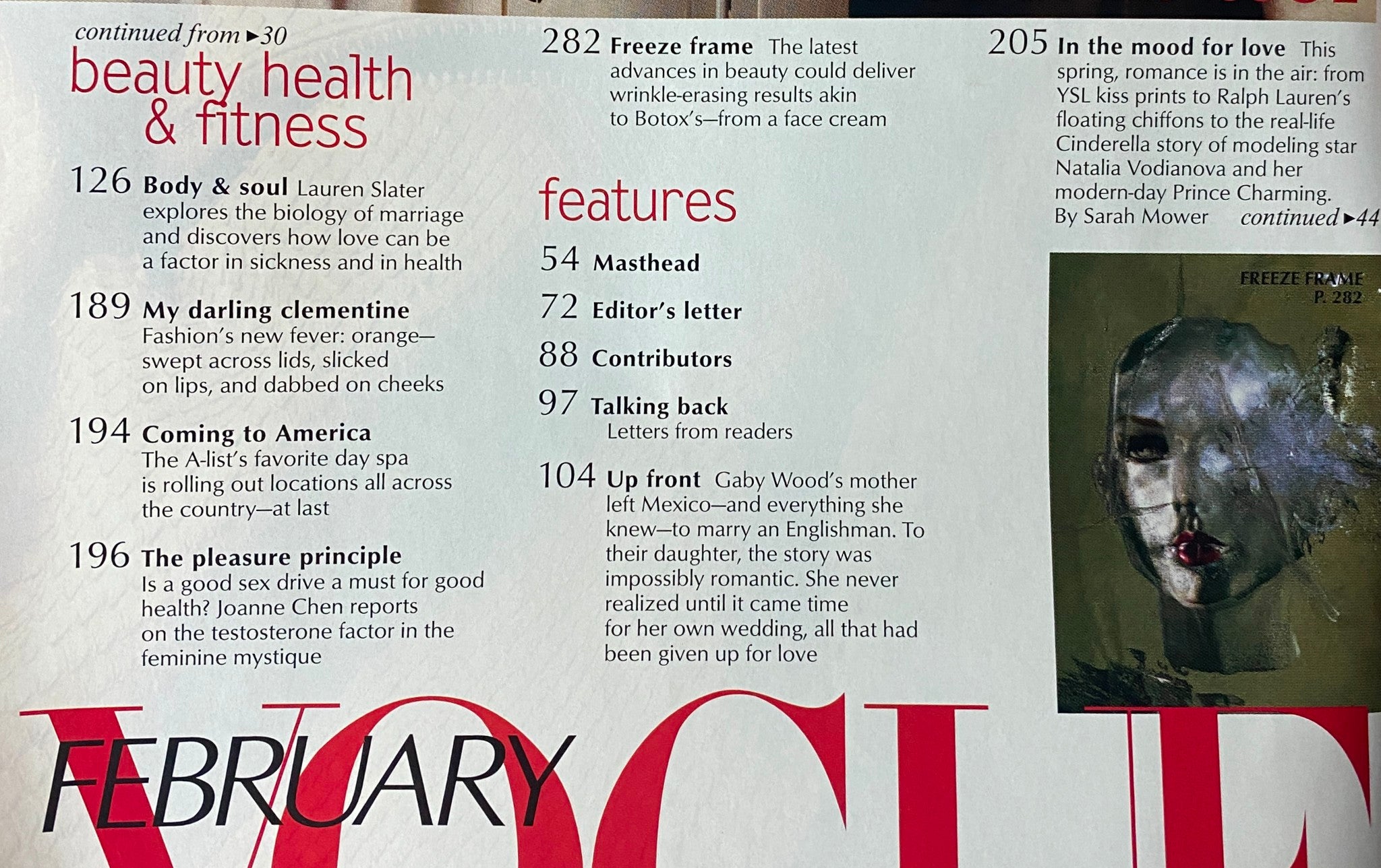 Inside page of Vogue Magazine February 2003 detailing beauty, health, and features articles, featuring content related to Debra Messing.