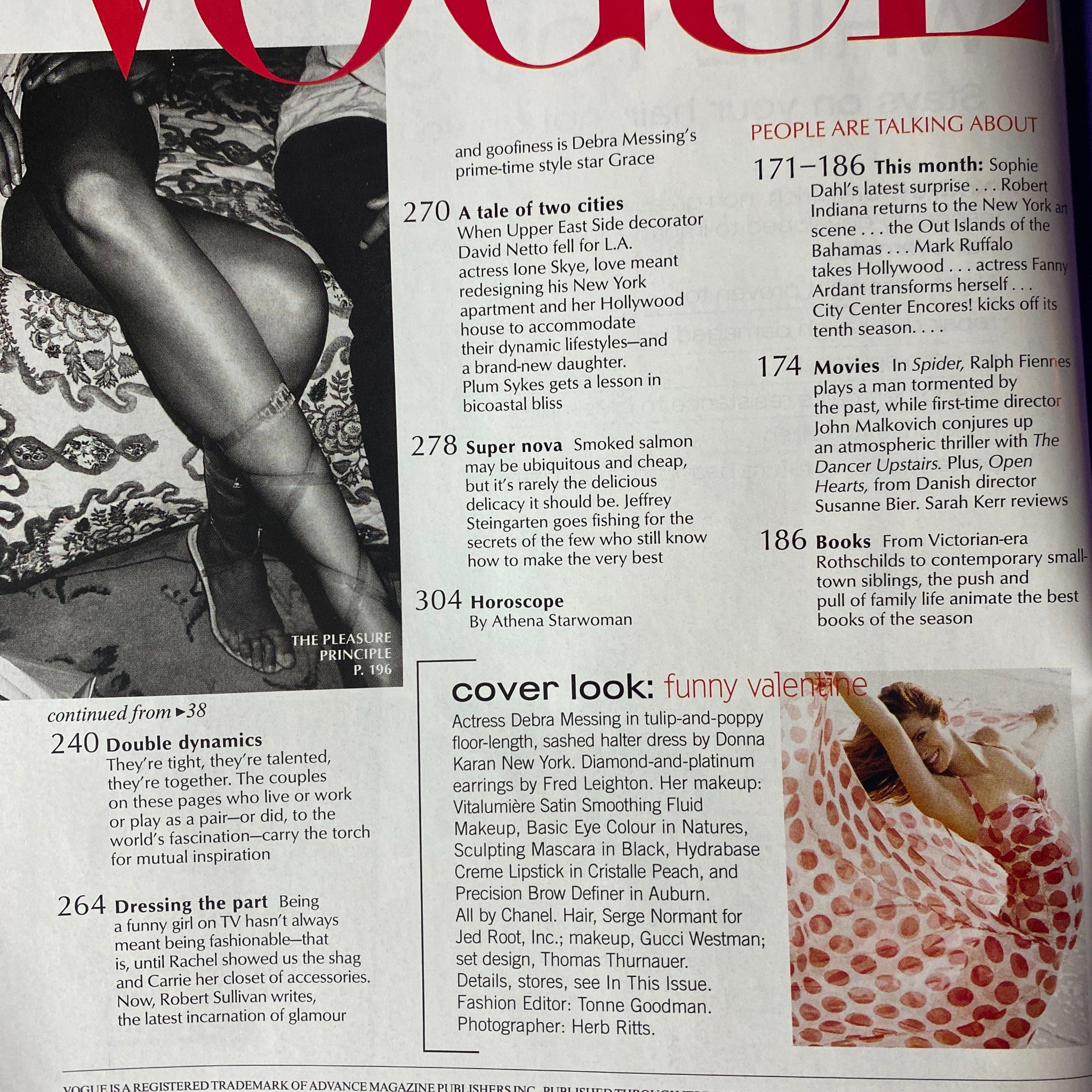 Detailed back cover of Vogue Magazine February 2003, highlighting notable features and articles, including coverage on Debra Messing's style.