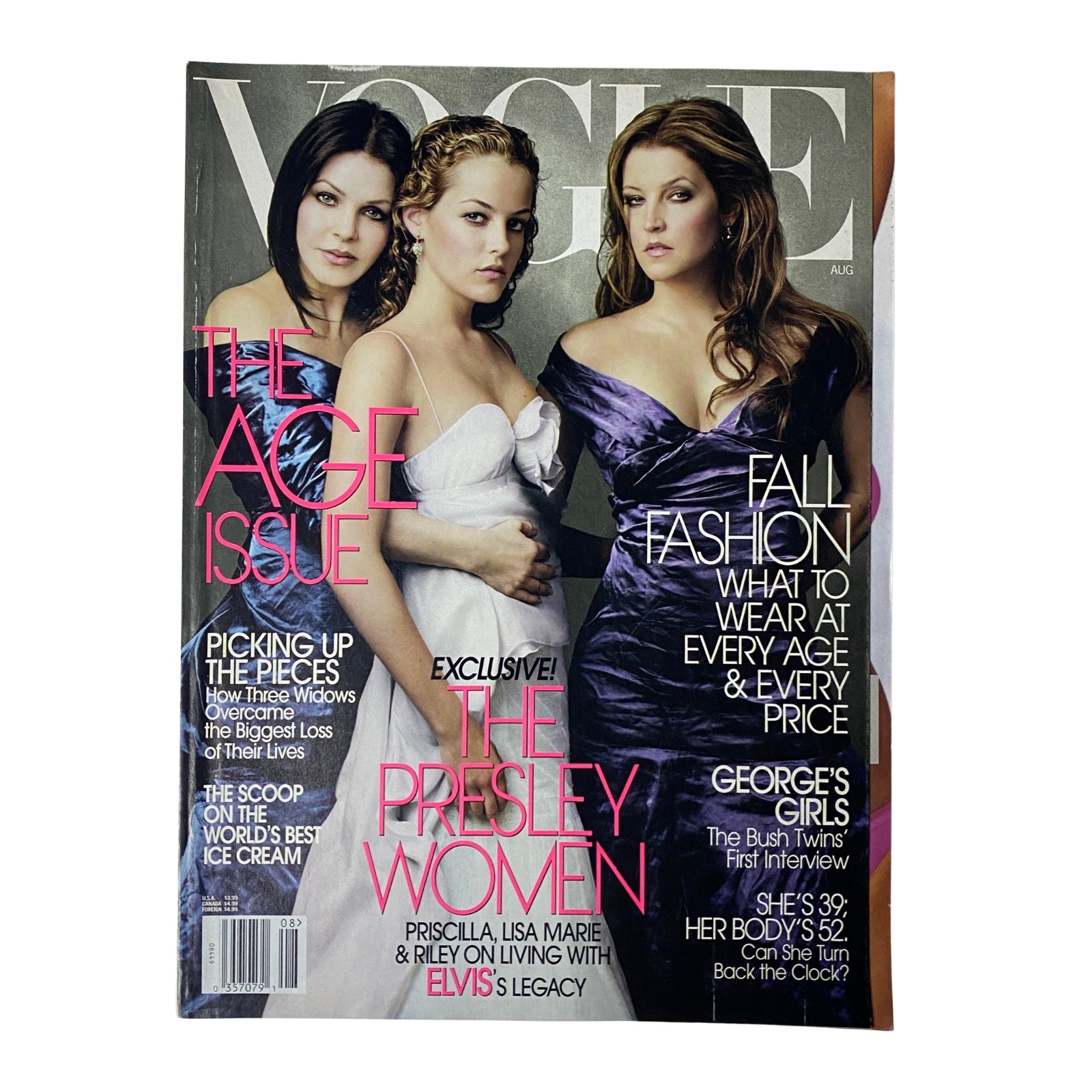 Vogue Magazine August 2004 featuring Priscilla, Lisa Marie, and Riley Presley on the cover, highlighting themes of family legacy and fashion.