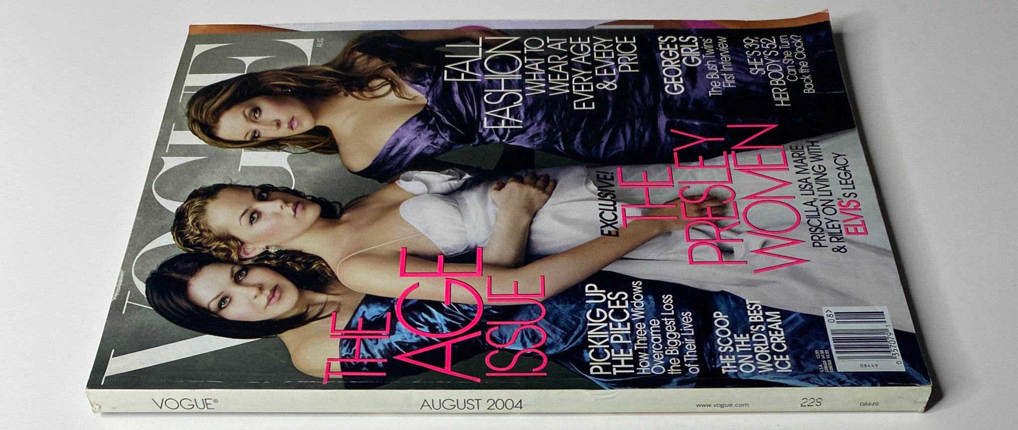 Another view of Vogue Magazine August 2004 showcasing the iconic cover with Priscilla, Lisa Marie, and Riley Presley, emphasizing their connection to Elvis's legacy.