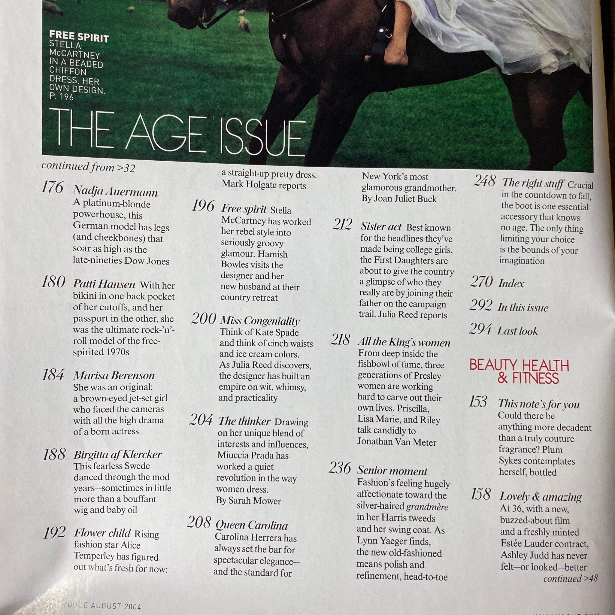 Interior page from Vogue Magazine August 2004, featuring the 'Age Issue' with contributions from Stella McCartney, fashion insights, and women's empowerment, showcasing iconic styles and designers.