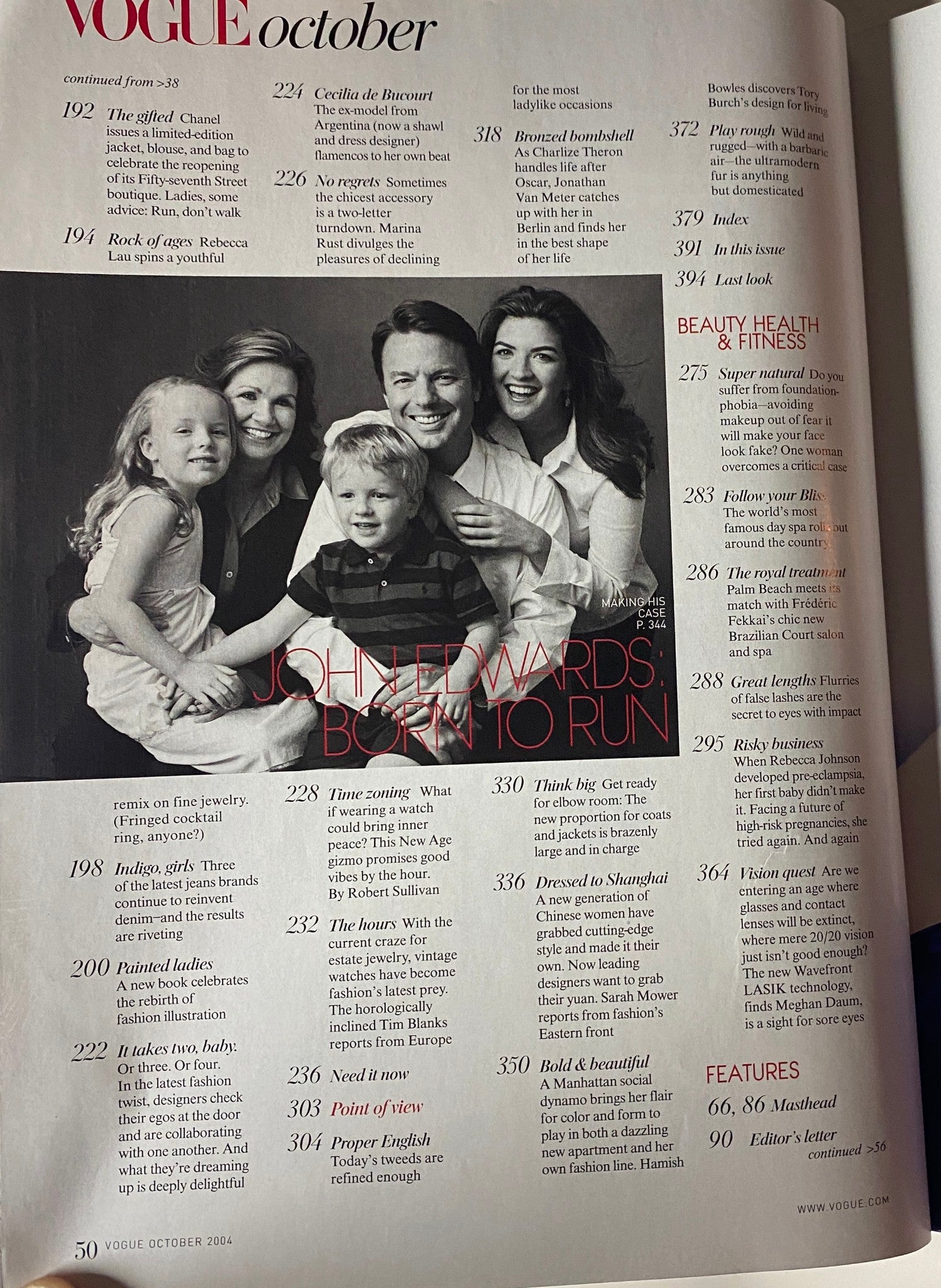 Vogue Magazine October 2004 Charlize Theron Cover No Label VG, showcasing a portrait of John Edwards and family, representing a feature on public figures.