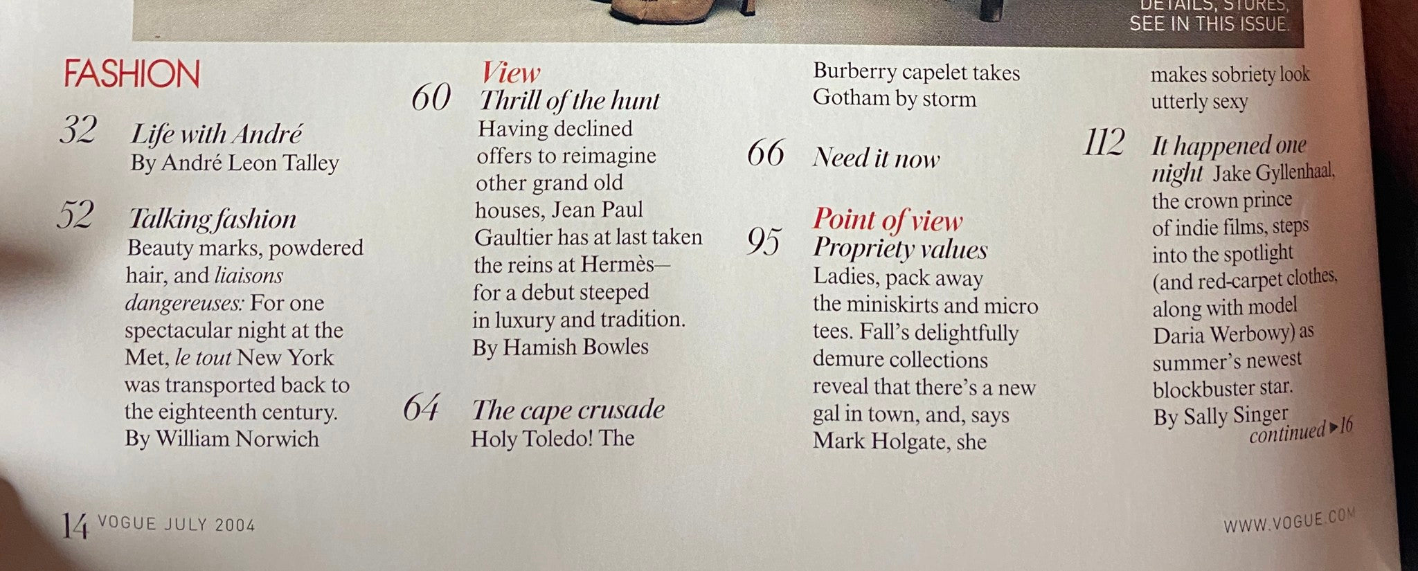 Table of contents from Vogue Magazine July 2004, showcasing featured articles including 'Life with André' and 'Point of View: Propriety Values'.