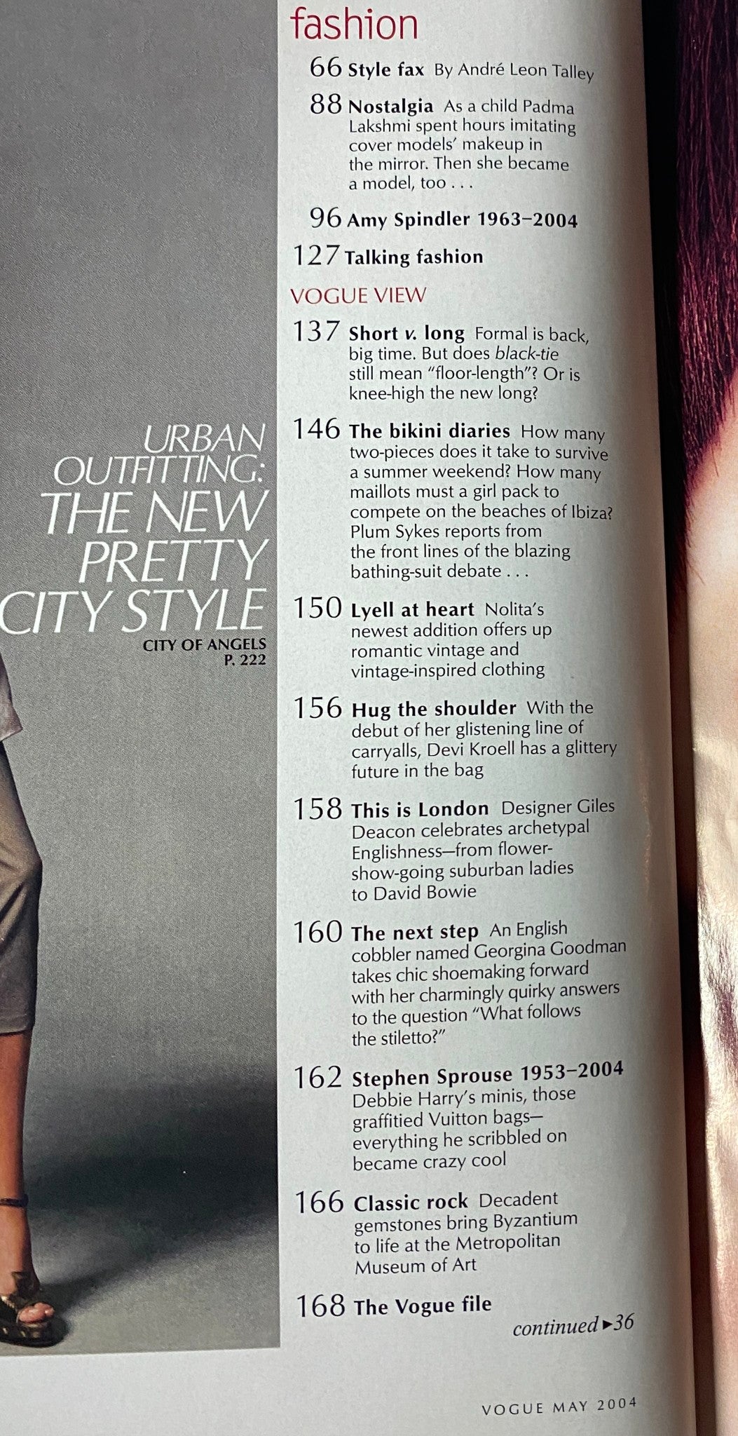 Table of Contents from Vogue Magazine May 2004 listing various fashion features including contributions from André Leon Talley and Padma Lakshmi.