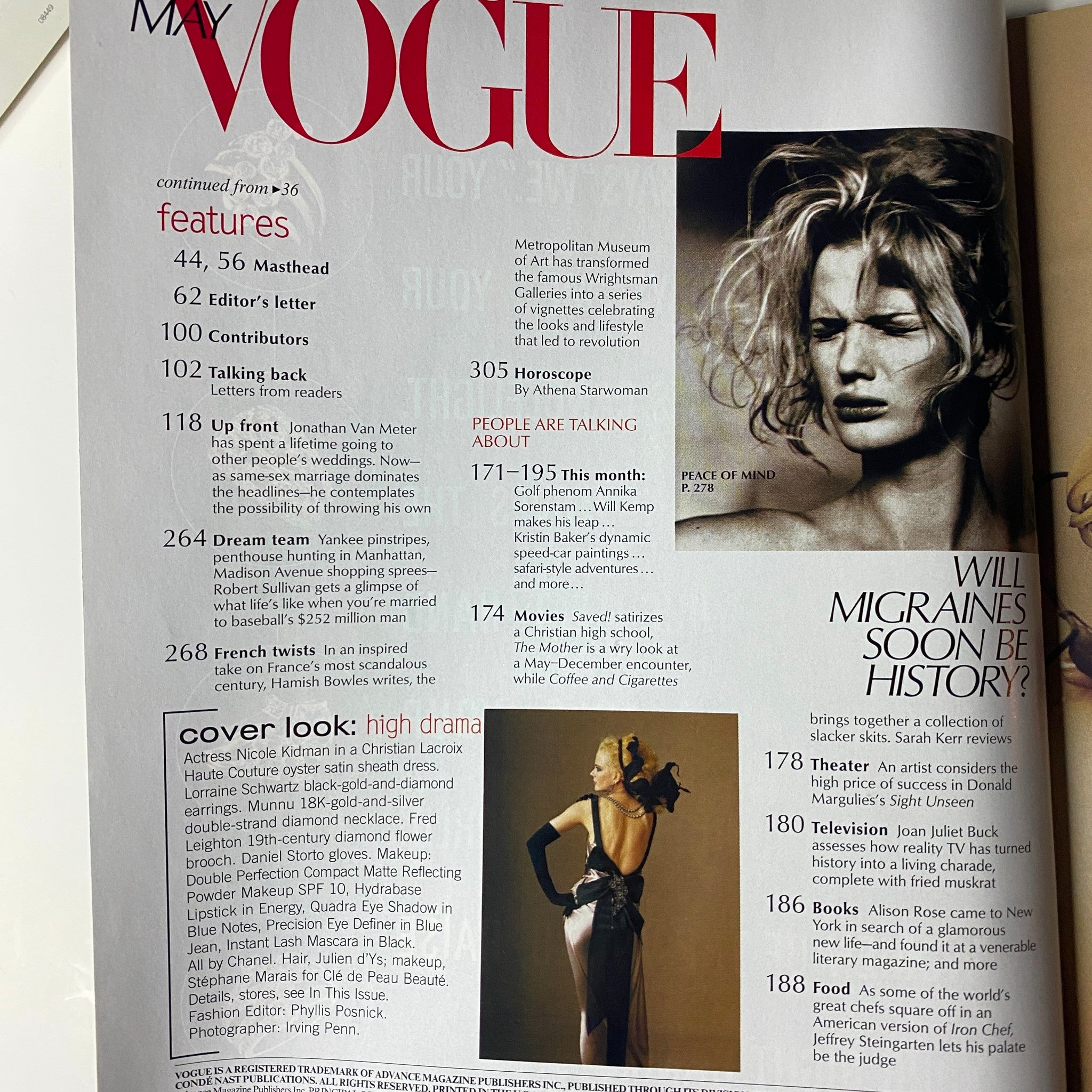 Features section from Vogue Magazine May 2004 displaying editorial content including 'Editor's Letter' and highlights of the magazine's articles.