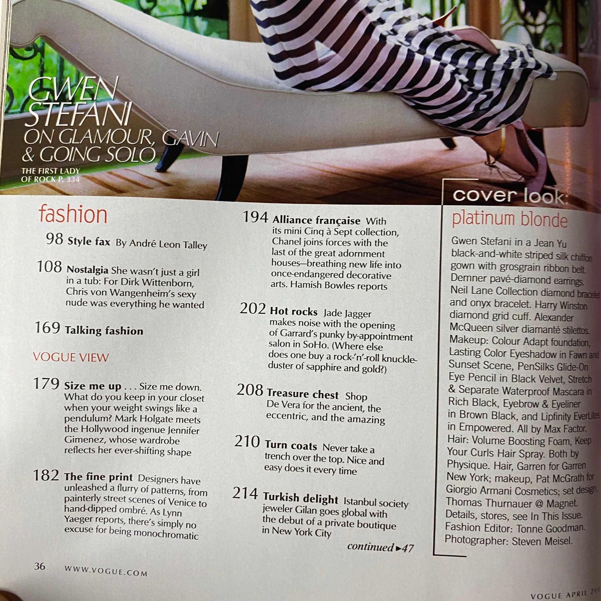 Interior page of Vogue Magazine April 2004, spotlighting Gwen Stefani and an article on fashion and body image. The content highlights various features, including notable fashion trends and cultural discussions.