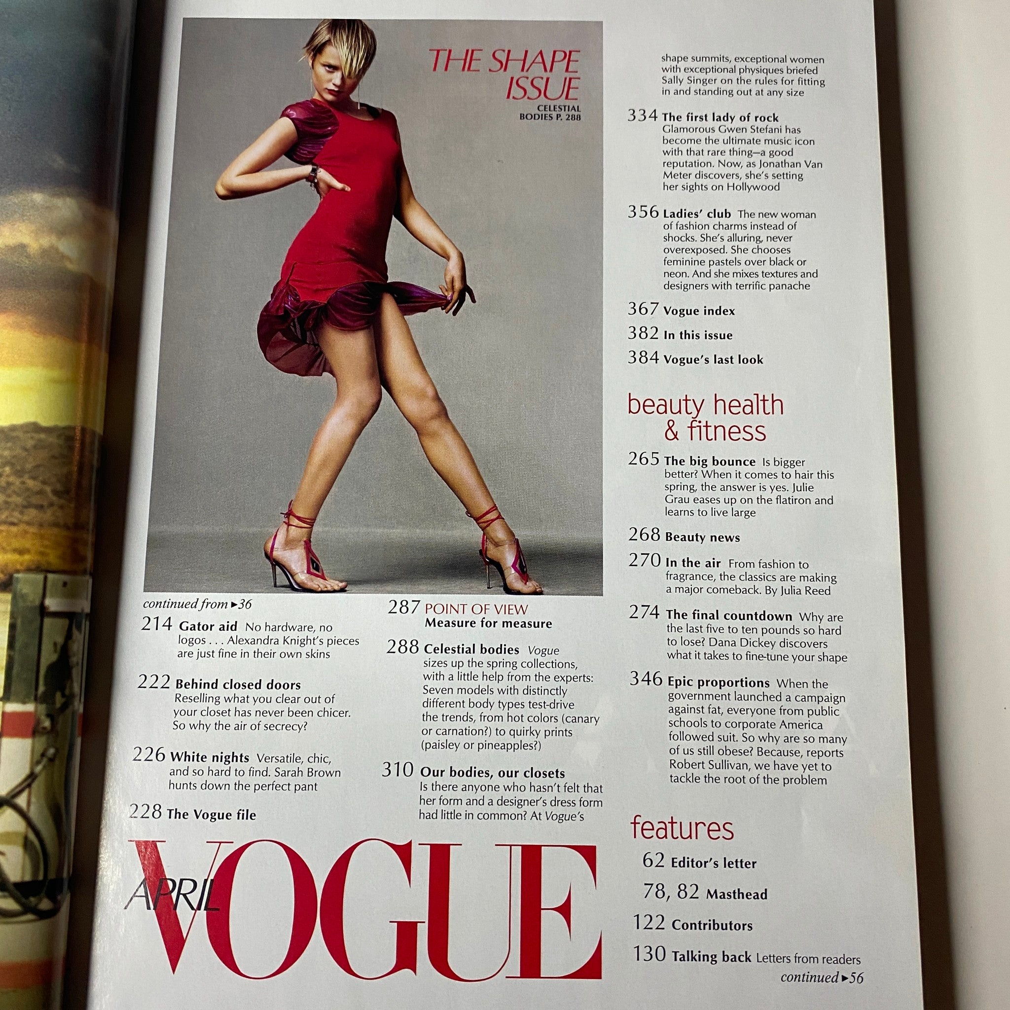 April 2004 Vogue Magazine layout showcasing fashion contents including Gwen Stefani's feature titled 'The First Lady of Rock' and various articles related to beauty and health.