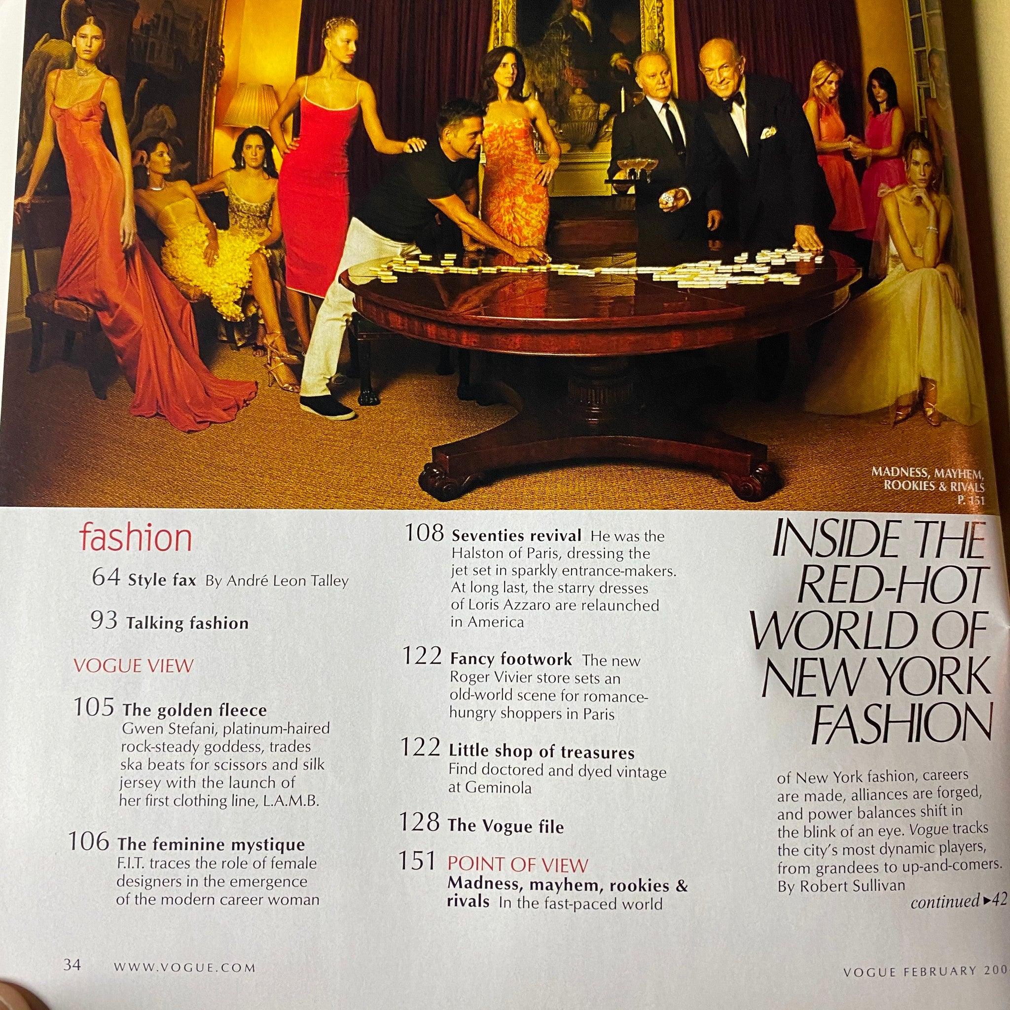 Inside Vogue Magazine February 2004 highlighting articles on fashion including André Leon Talley's style insight and feature on Gwen Stefani's L.A.M.B. fashion line.