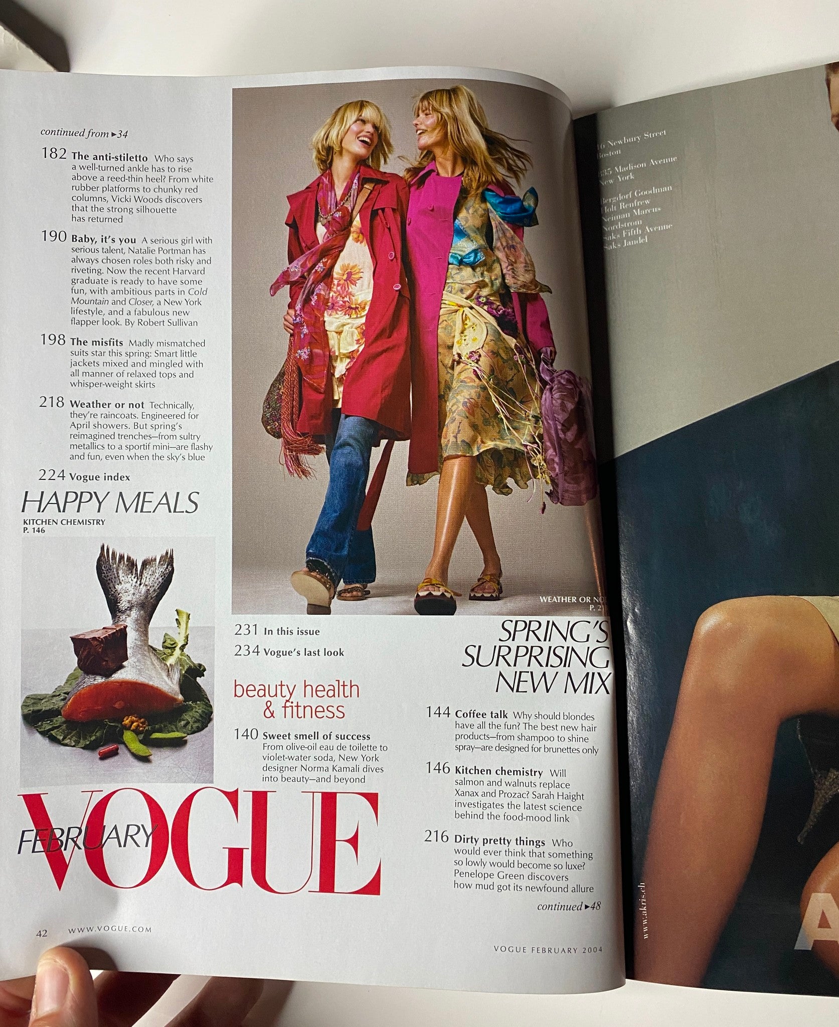 An article from Vogue Magazine February 2004 discussing health and beauty trends, featuring colorful fashion photography and styles for the season.