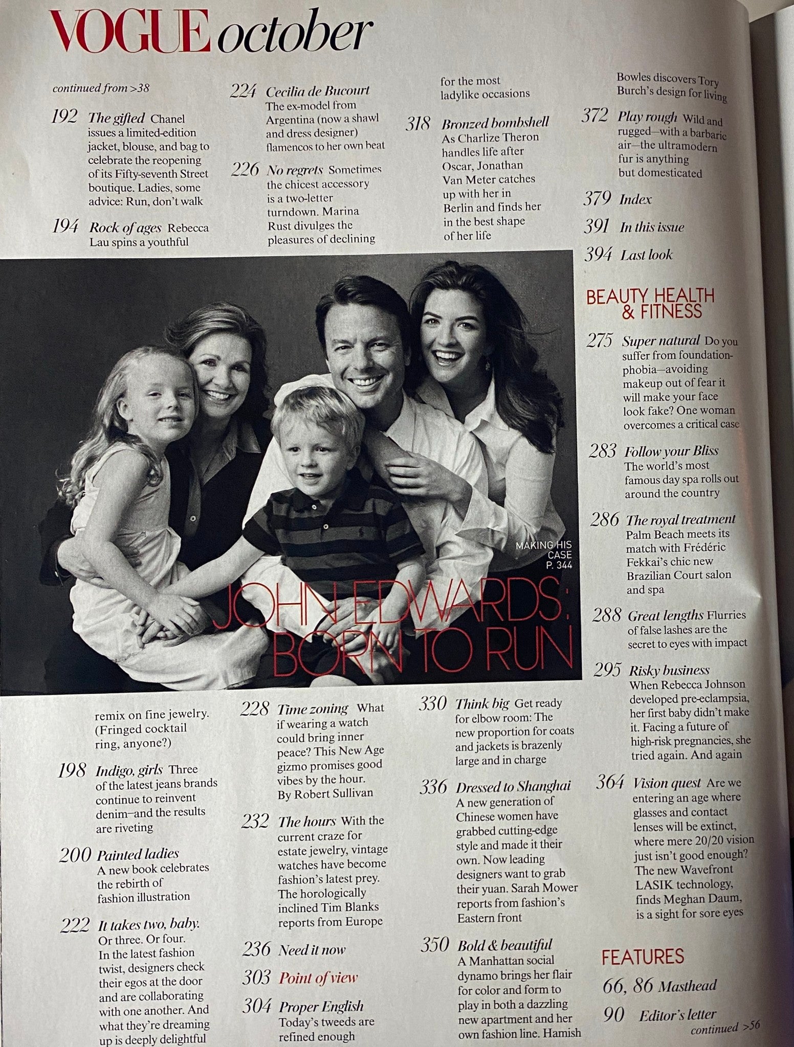 Another inside page of Vogue Magazine October 2004, depicting a family portrait alongside an article on beauty and health, representing the magazine's diverse content.