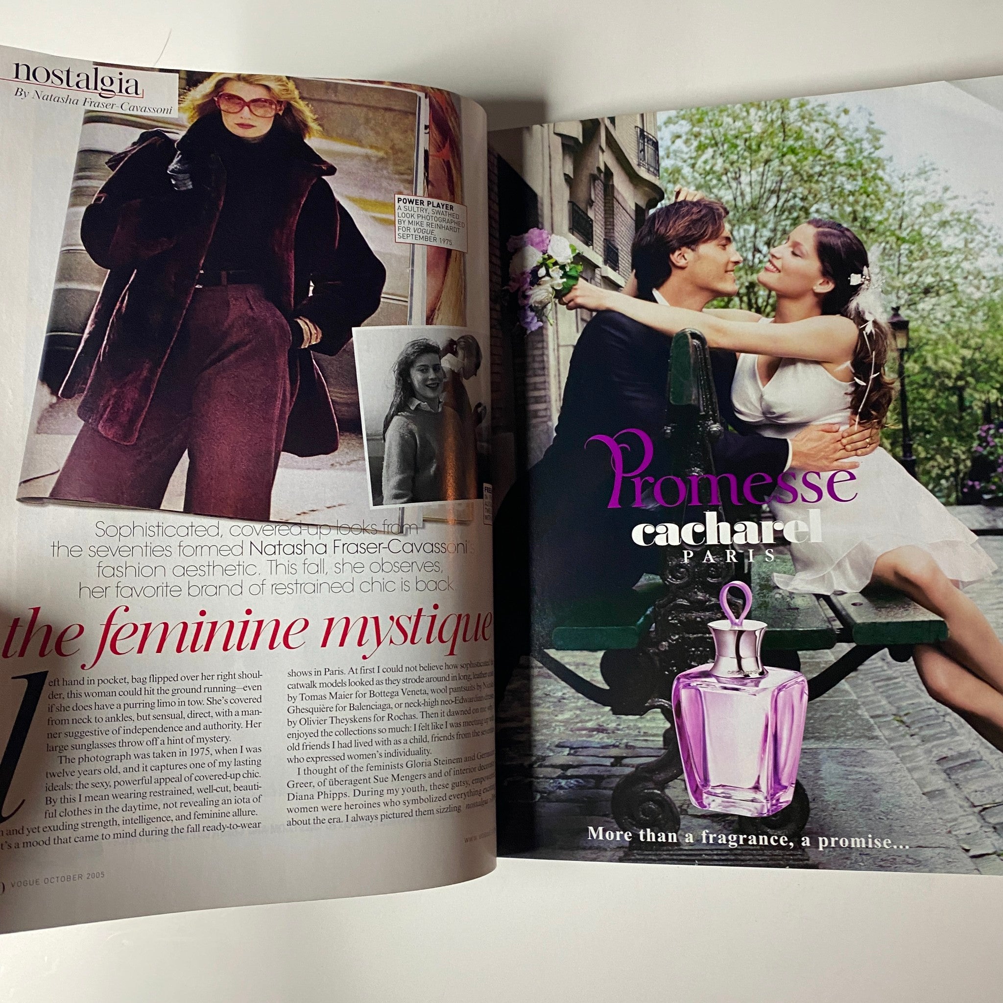 Interior spread from Vogue Magazine October 2005 showcasing article 'Nostalgia' by Natasha Fraser-Cavassoni with vintage fashion imagery.