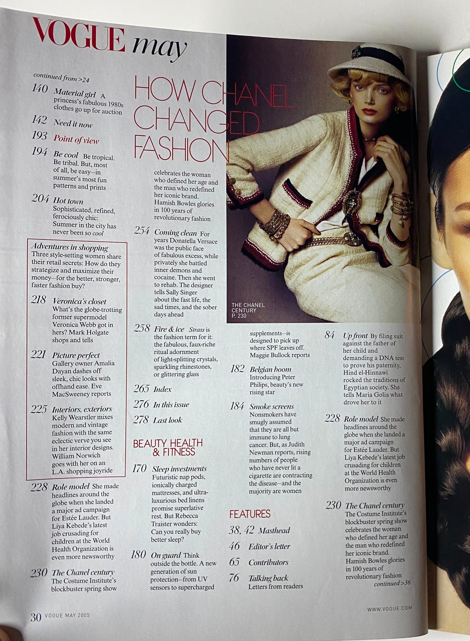 Interior page of Vogue Magazine May 2005 containing articles on Chanel's fashion legacy and the influence of style, showcasing critical discussions on fashion evolution.