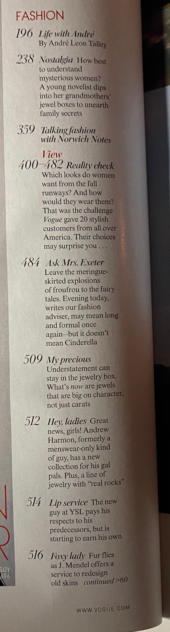 Interior page from Vogue Magazine September 2004 documenting various fashion articles, including features such as 'Life with André' and 'Reality Check', part of the significant fashion coverage in this issue.