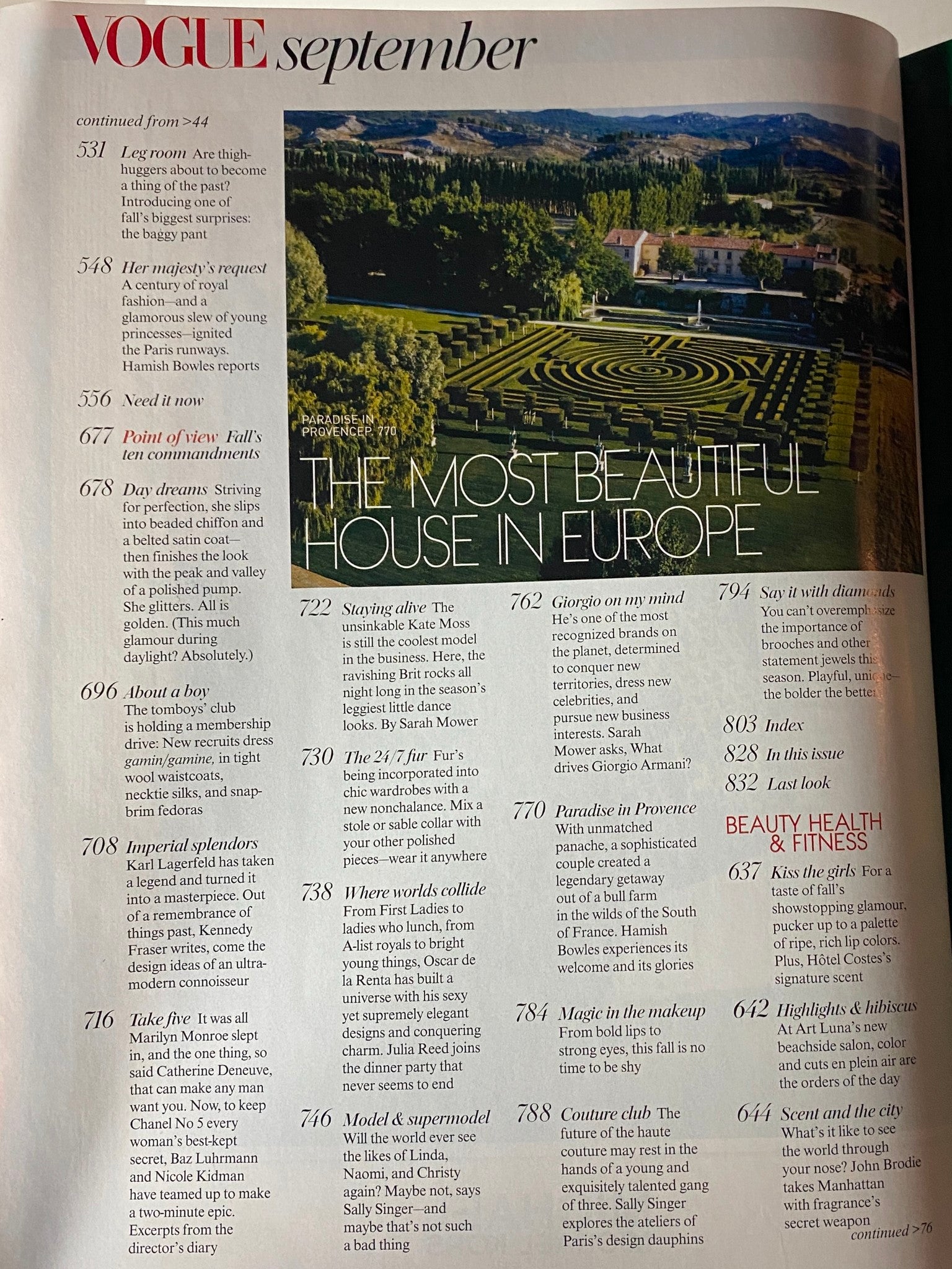 Vogue Magazine September 2004 featuring a table of contents with articles on fashion, culture, and beauty trends, highlighting key topics and contributors in a very good condition issue.