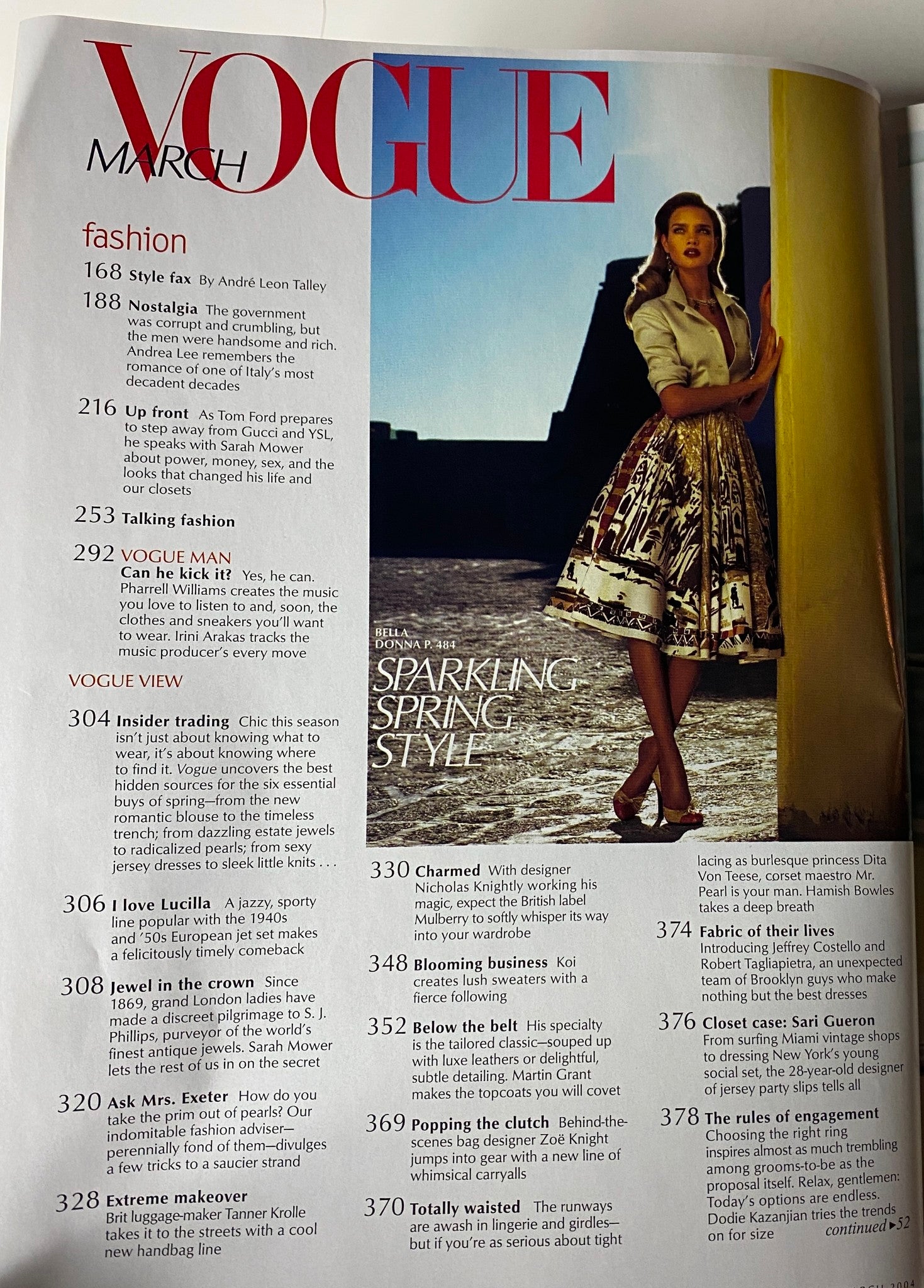 Interior page of Vogue Magazine March 2004 featuring prominent fashion articles, maintaining the focus on spring styles and cultural insights relevant to the issue.
