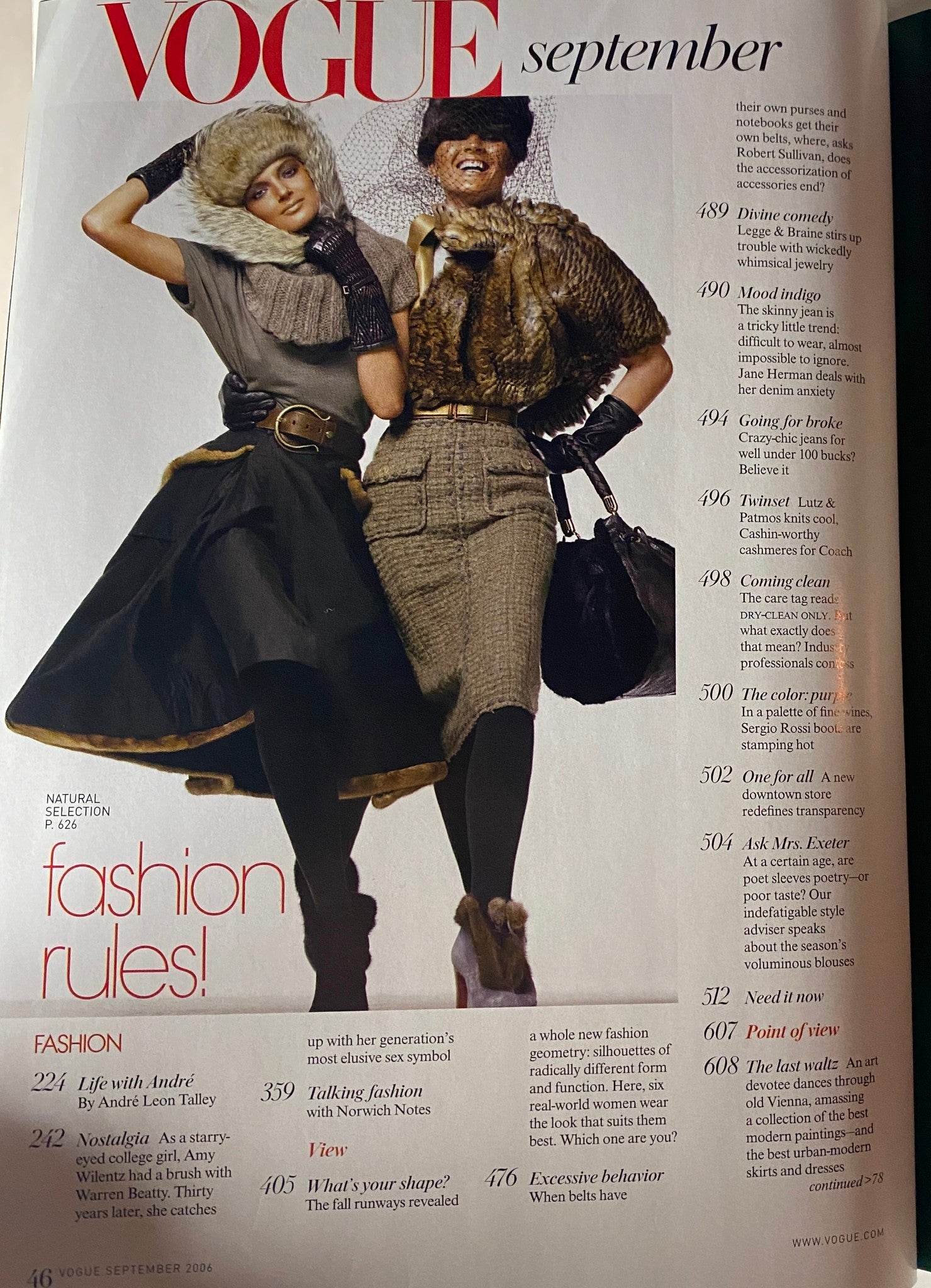Page from Vogue Magazine September 2006 showing models in fashionable attire, emphasizing the article 'fashion rules!' with a creative layout.
