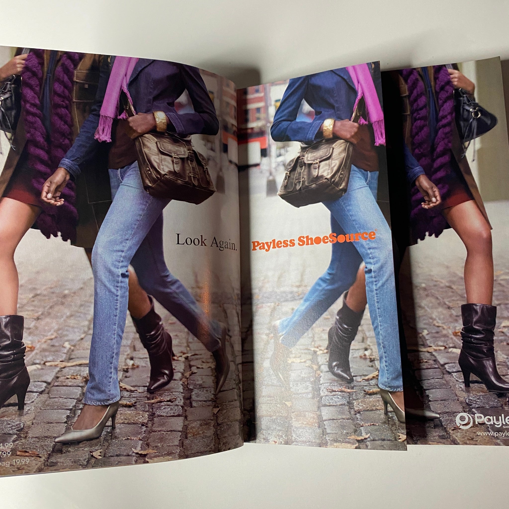Vogue Magazine September 2006 Kirsten Dunst Cover No Label - A stylish fashion advertisement featuring models walking on a city street, showcasing trendy accessories and footwear, promoting Payless ShoeSource.