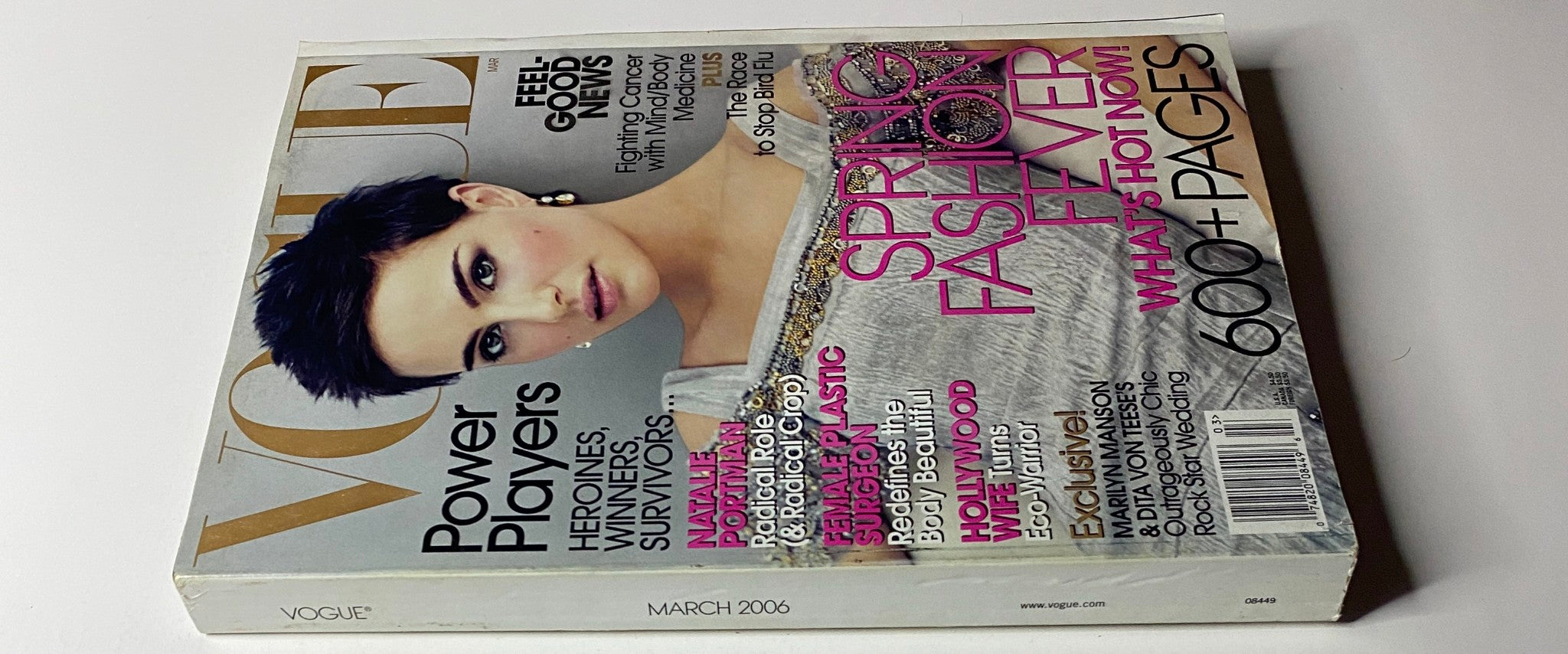 Back cover of Vogue Magazine March 2006 featuring Natalie Portman, detailing luxury fashion and lifestyle themes for the Spring issue.