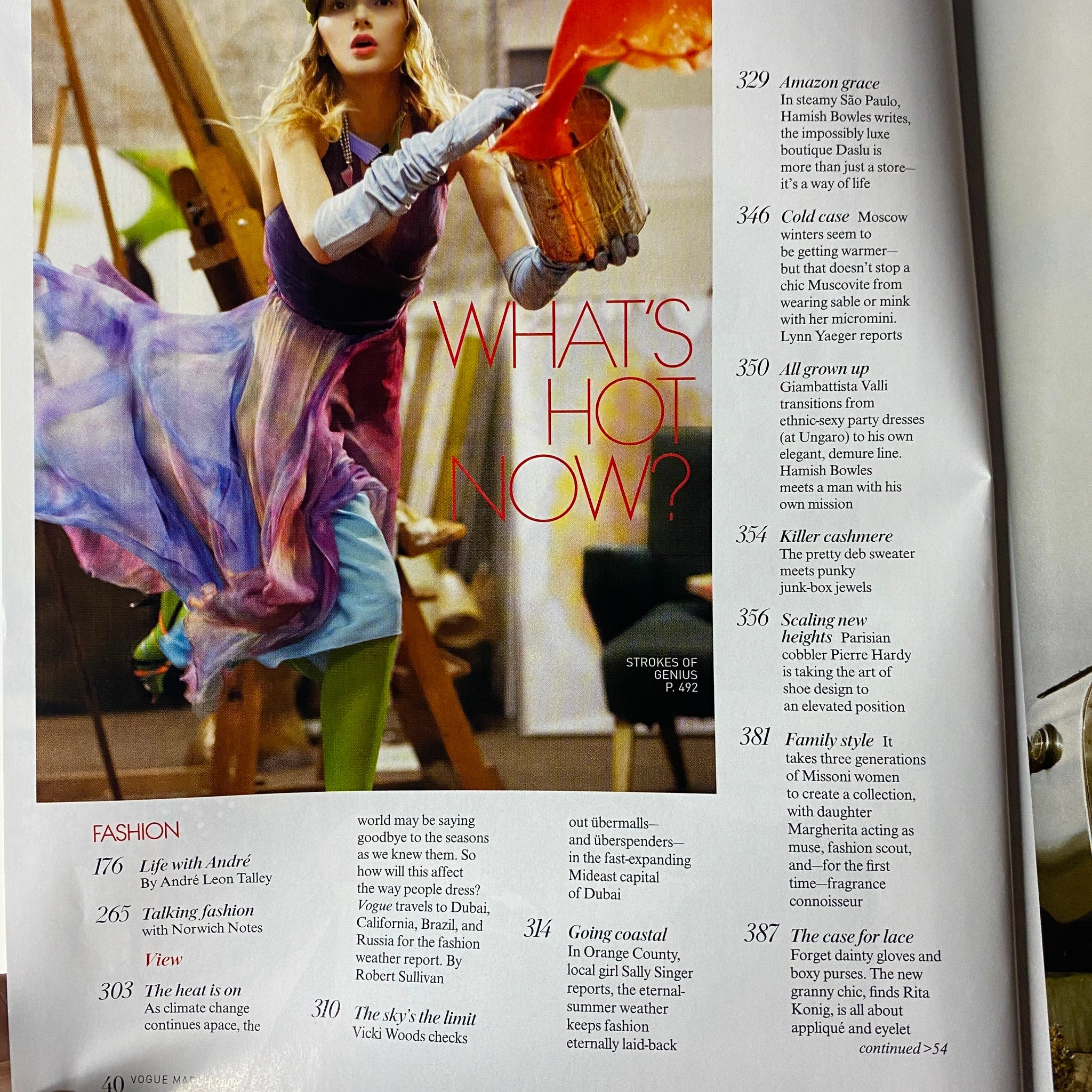 Inside page of Vogue Magazine March 2006, highlighting various fashion articles and photography, including trends and insights from notable contributors.
