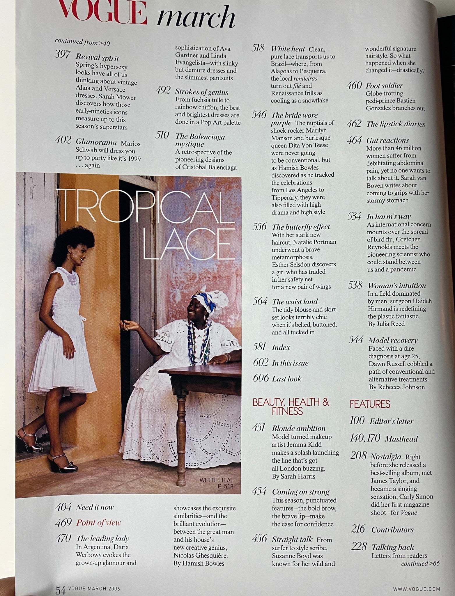 Vogue Magazine March 2006 featuring a stunning editorial layout showcasing 'Tropical Lace', highlighting elegant fashion designs and beauty, in very good condition.