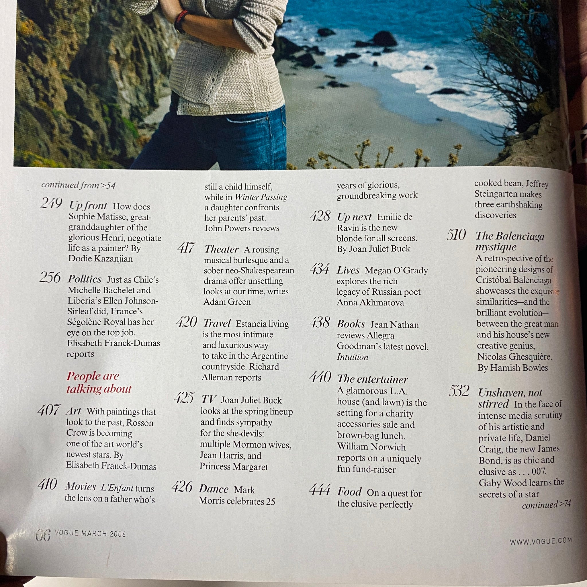 Vogue Magazine March 2006 with an editorial page discussing the article 'Politics', including notable figures and their impact, presented in very good condition.