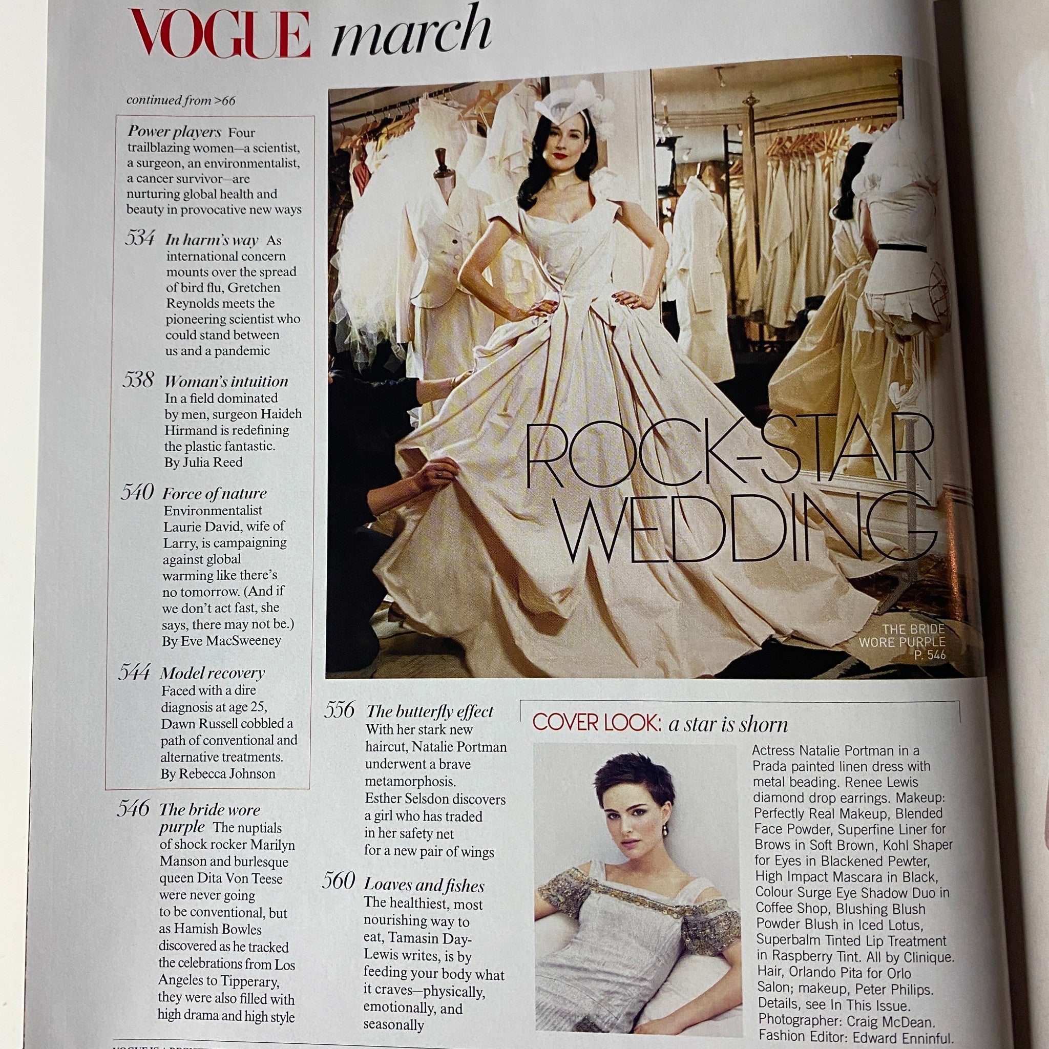 Vogue Magazine March 2006 highlighting the feature 'Rock-Star Wedding' showcasing glamorous wedding fashions, including Natalie Portman, in very good condition.