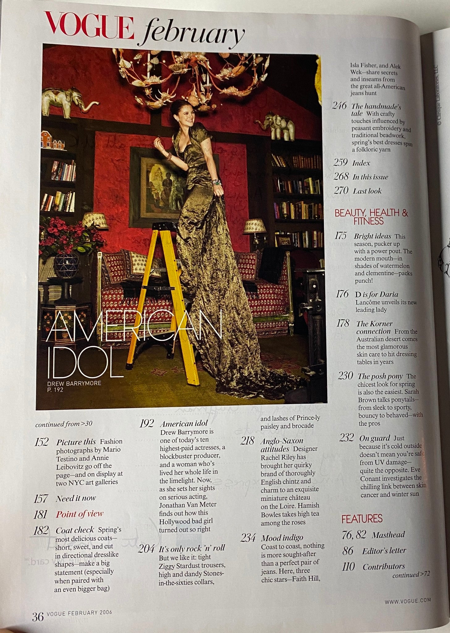 Another inside page from Vogue Magazine February 2006, featuring Drew Barrymore in a luxurious gown, accompanied by the title 'American Idol,' highlighting detailed fashion illustrations and styles.
