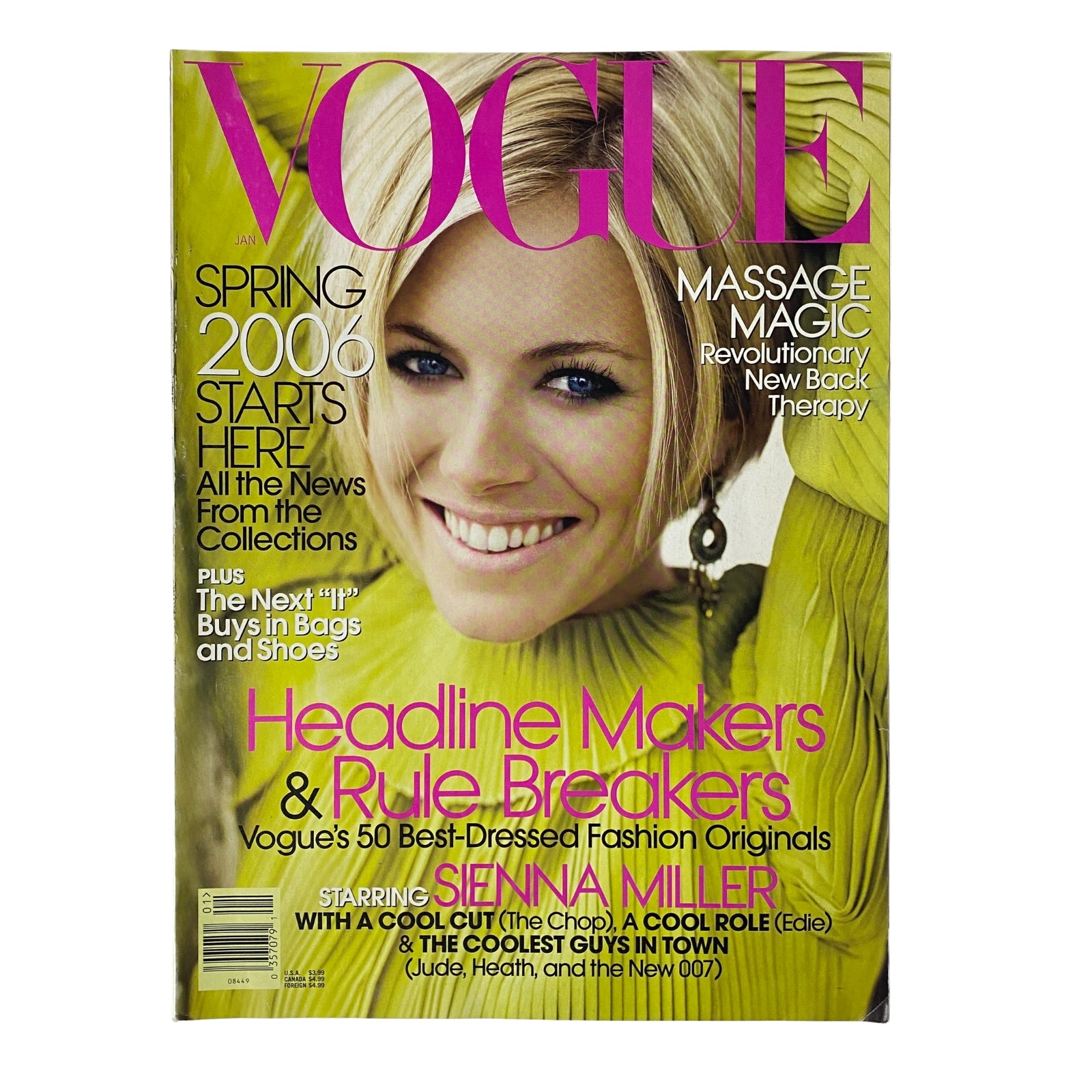 Vogue Magazine January 2006 cover featuring Sienna Miller. The issue highlights her fashion evolution and personal storytelling, celebrating her role in Casanova. A collector's item in very good condition.