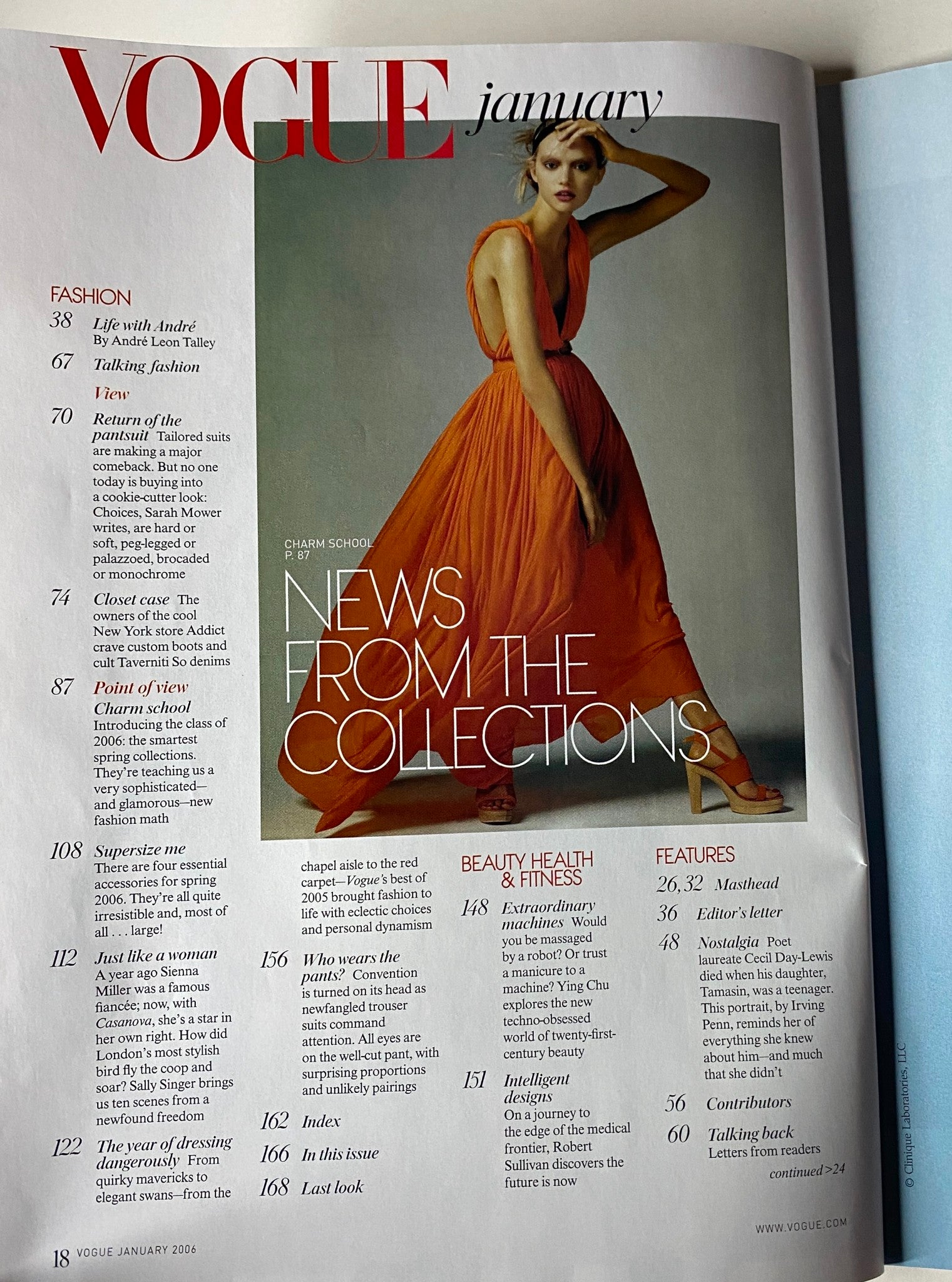 Page from Vogue Magazine January 2006 featuring fashion highlights including 'Life with André' and 'Return of the Pantsuit' with a stunning model in an elegant dress.