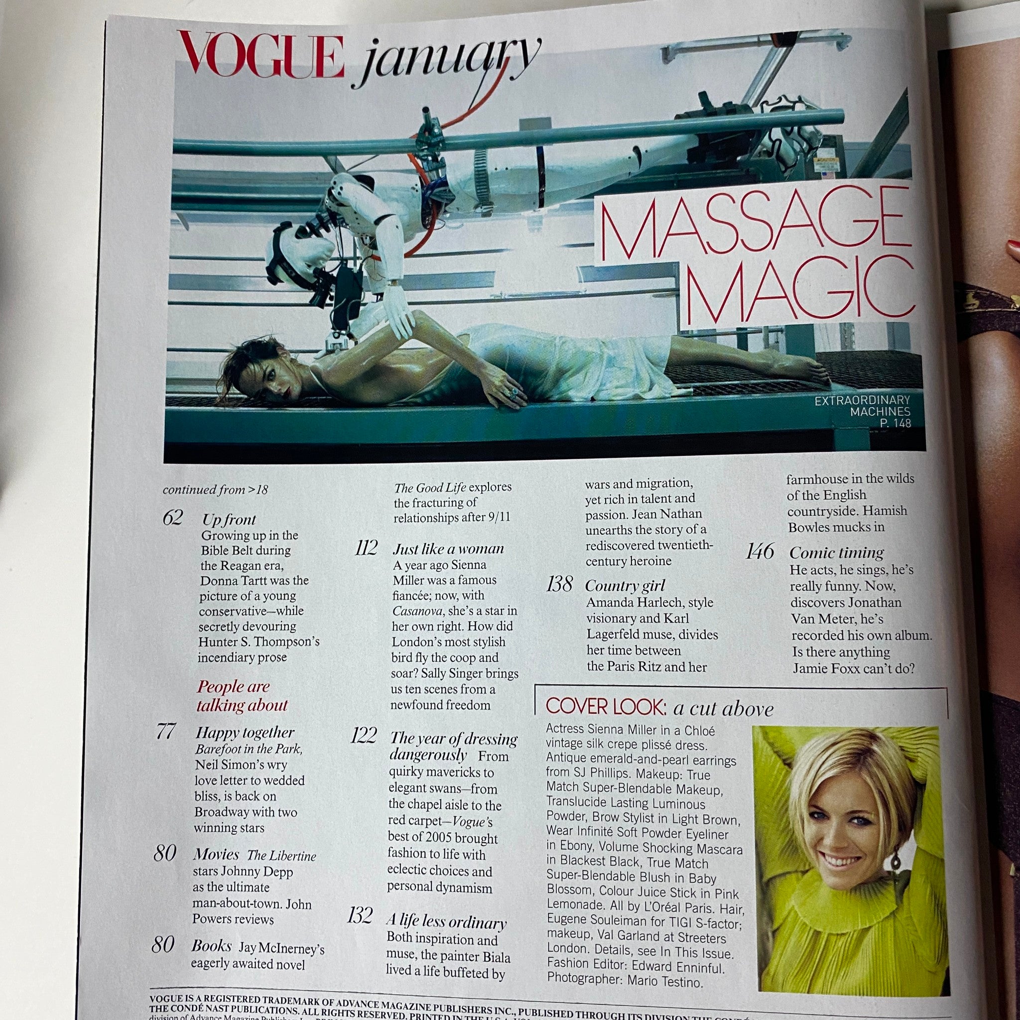 Interior spread from Vogue Magazine January 2006 showcasing the article 'Massage Magic' along with a striking visual of a model in a beauty treatment setup.
