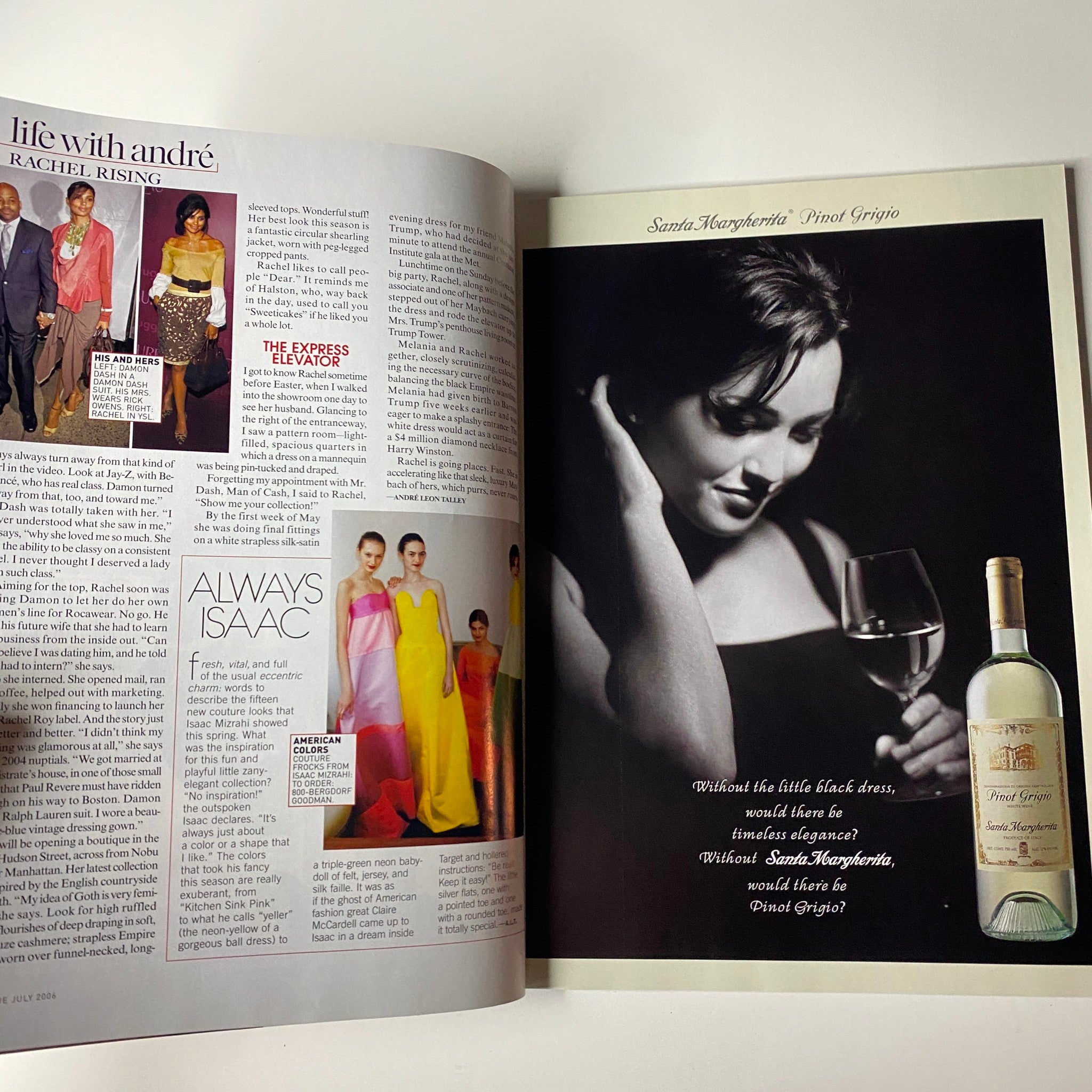 Feature page from Vogue Magazine July 2006 displaying 'Life with André' and various fashion highlights, showcasing style trends from the mid-2000s.
