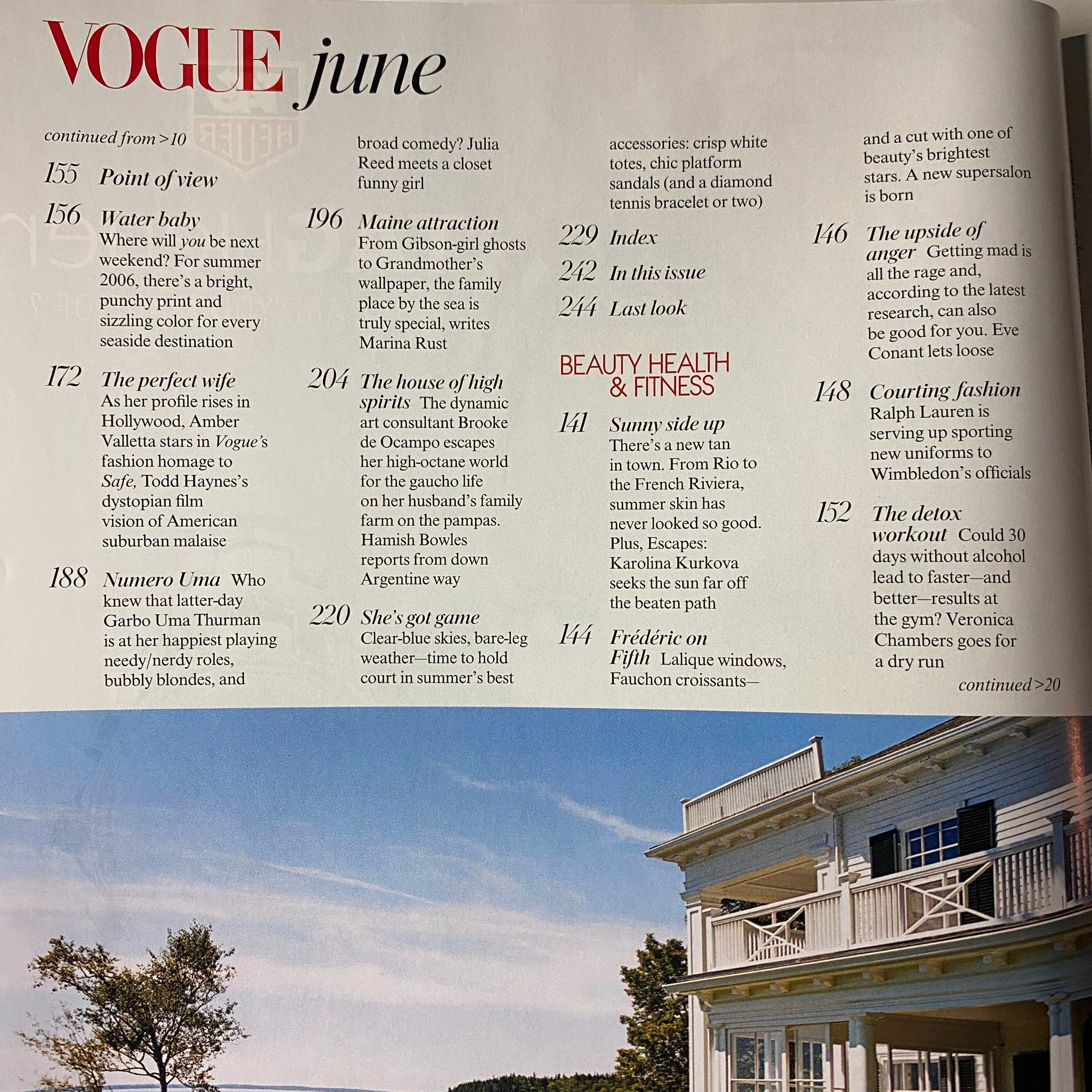 Table of contents from Vogue Magazine June 2006, showcasing featured articles including 'Water Baby' and 'The Perfect Wife'.