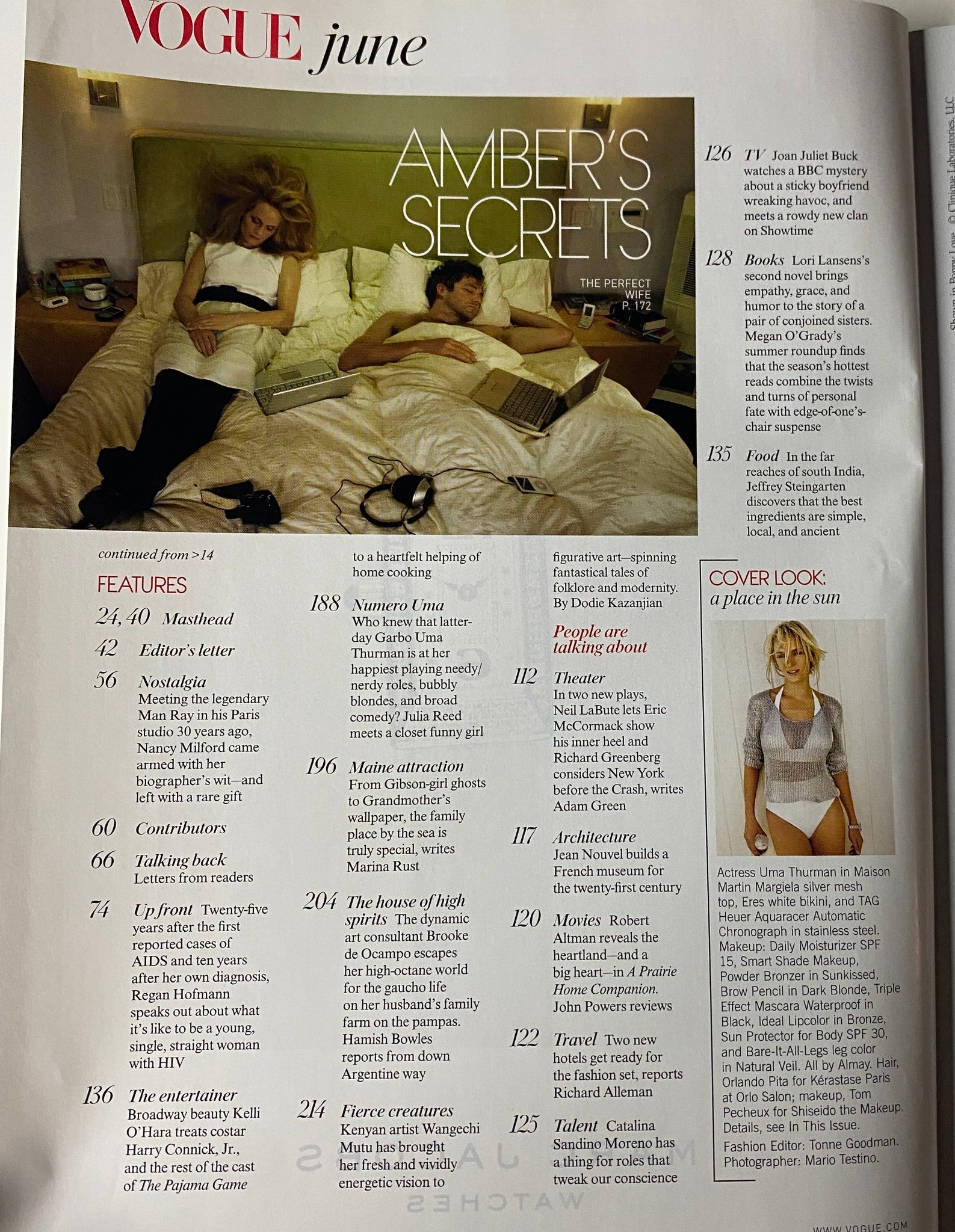 Page from Vogue Magazine June 2006 featuring 'Amber's Secrets' article alongside actress Uma Thurman.