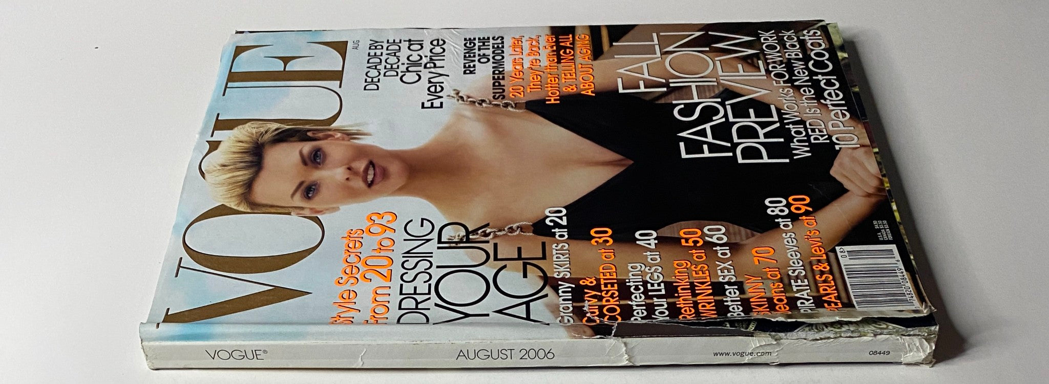 Vogue Magazine August 2006, showcasing Linda Evangelista, emphasizing the theme of fashion and age.