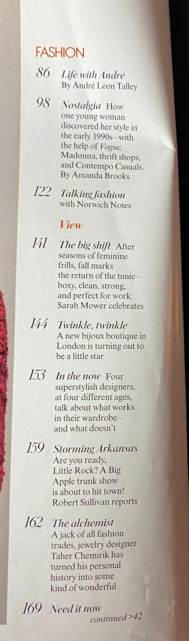 Interior page of Vogue Magazine August 2006, including fashion features by André Leon Talley and highlights of seasonal trends.