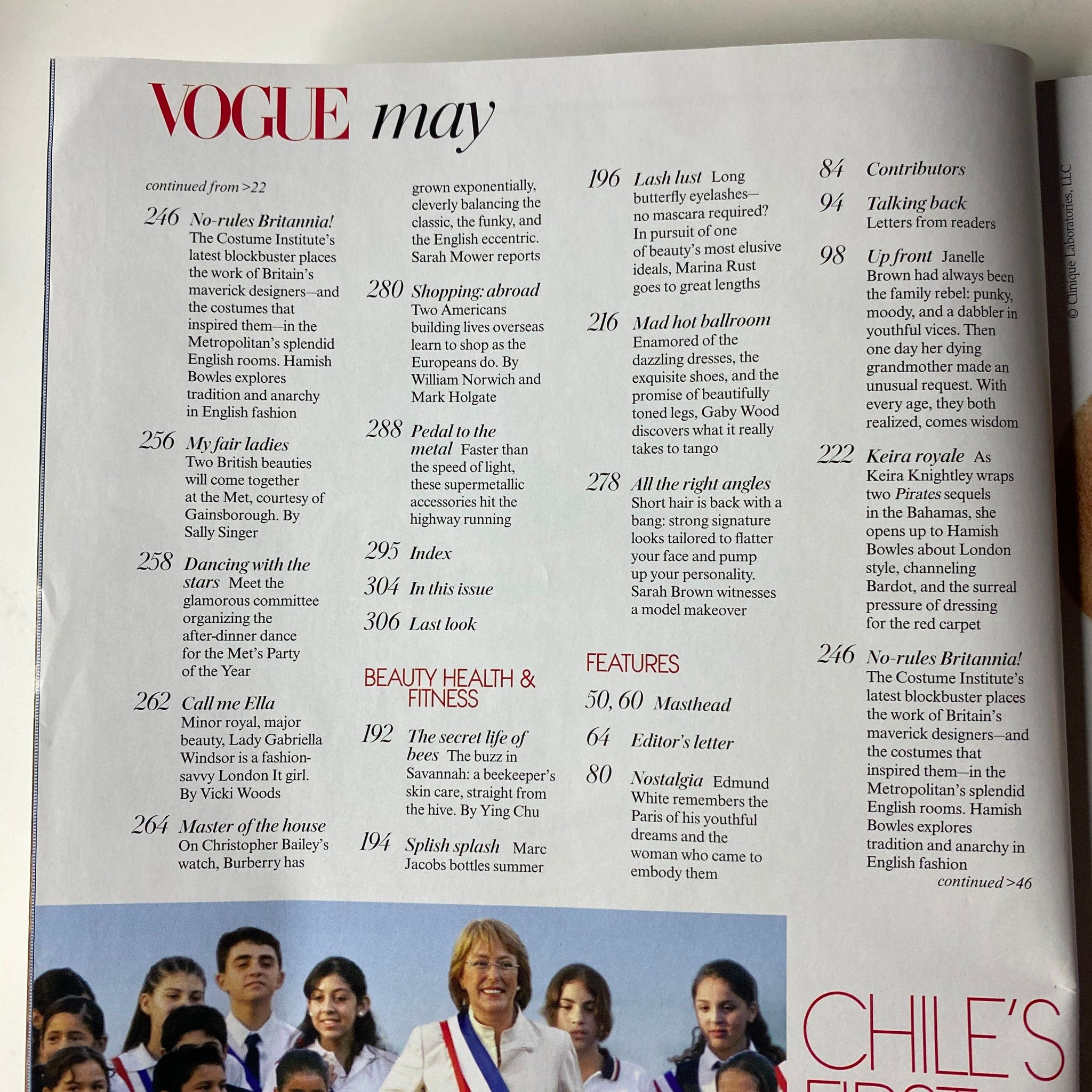 Vogue Magazine May 2006 Keira Knightley Cover - Continued contents page highlighting No-Rules Britannia and other articles.